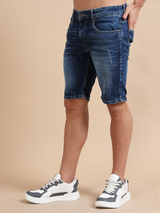Plus Size Men's Distressed Denim Shorts in Dark Wash – Knitted Dobby Lycra