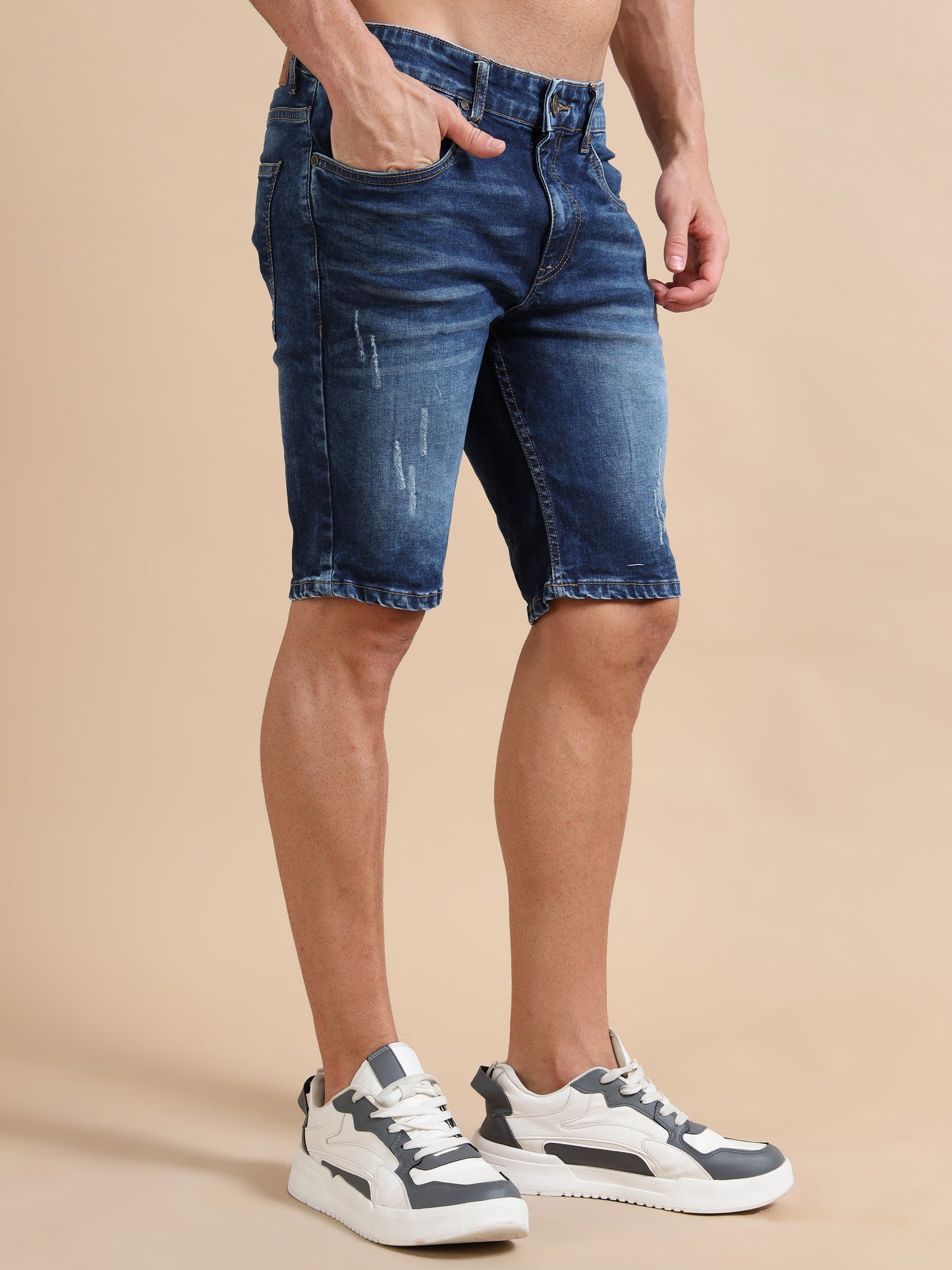 Men's Distressed Denim Shorts in Dark Wash – Knitted Dobby Lycra