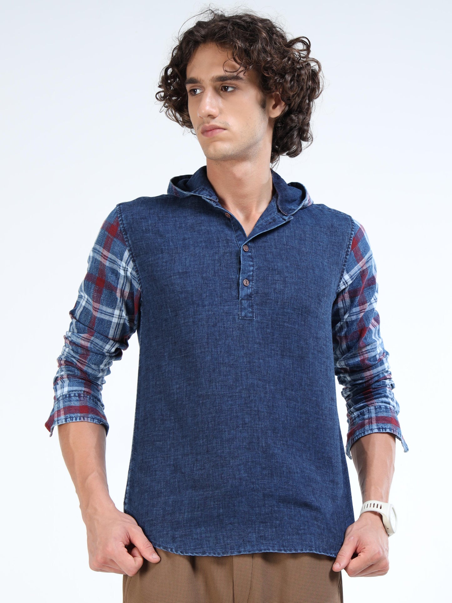 Men’s Indigo Denim Cotton Shirt with Plaid Contrast Sleeves and Half Placket