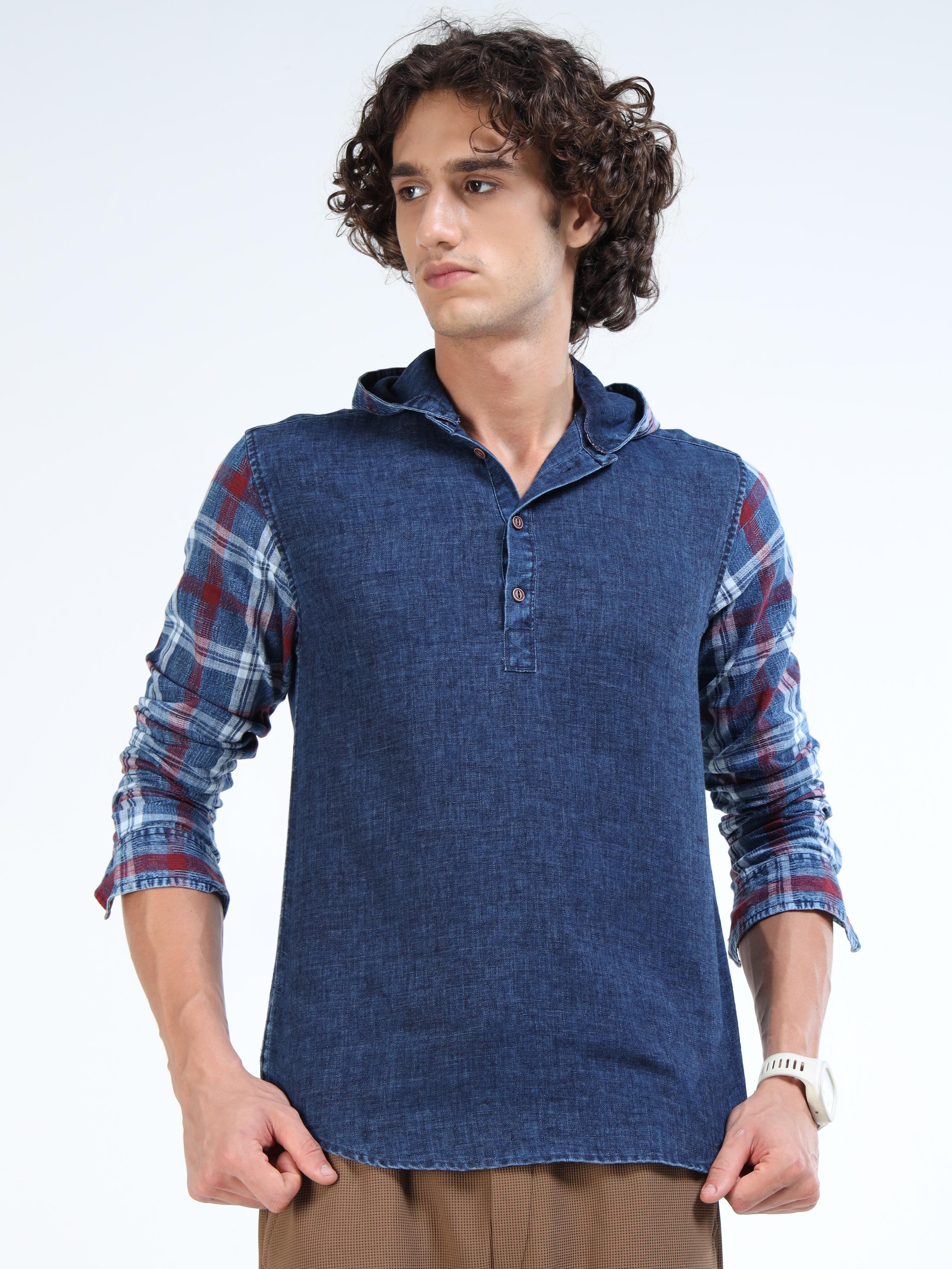 Men’s Indigo Denim Cotton Shirt with Plaid Contrast Sleeves and Half Placket