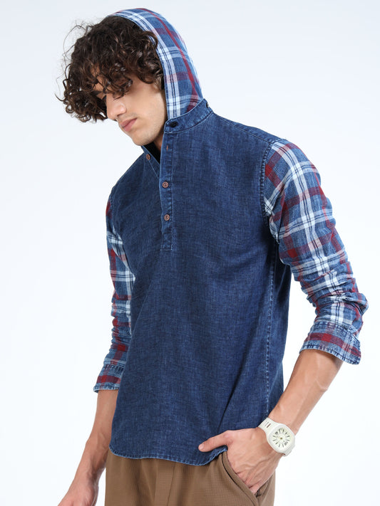 Men’s Indigo Denim Hooded Cotton Shirt with Plaid Contrast Sleeves and Half Placket