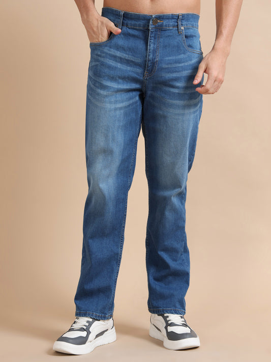 Straight Fit Mid-Blue Wash Plus Size Jeans for Men