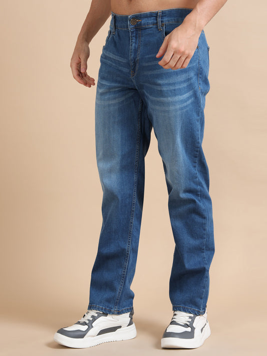 Straight Fit Mid-Blue Wash Plus Size Jeans for Men