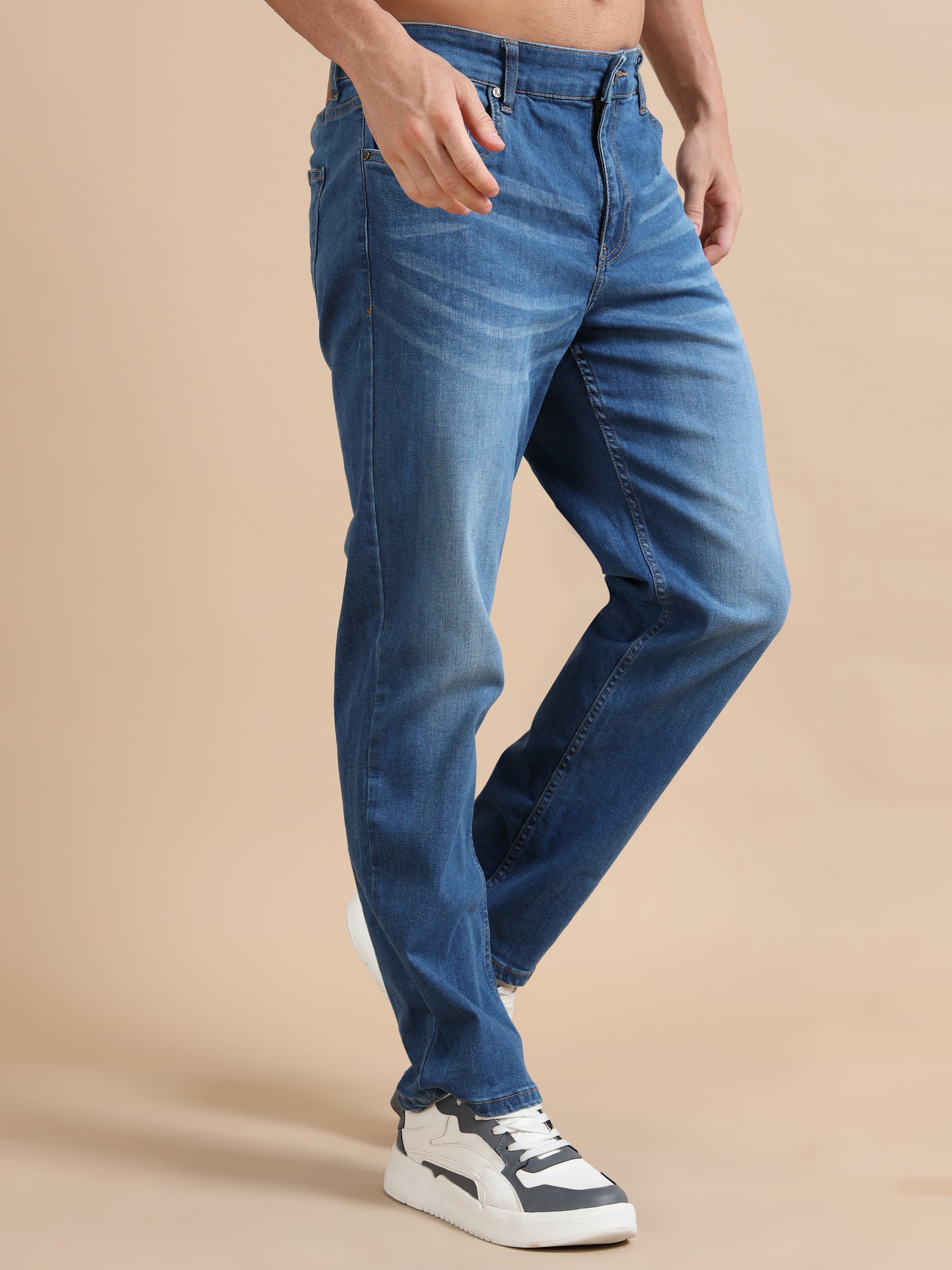 Straight Fit Mid-Blue Wash Plus Size Jeans for Men