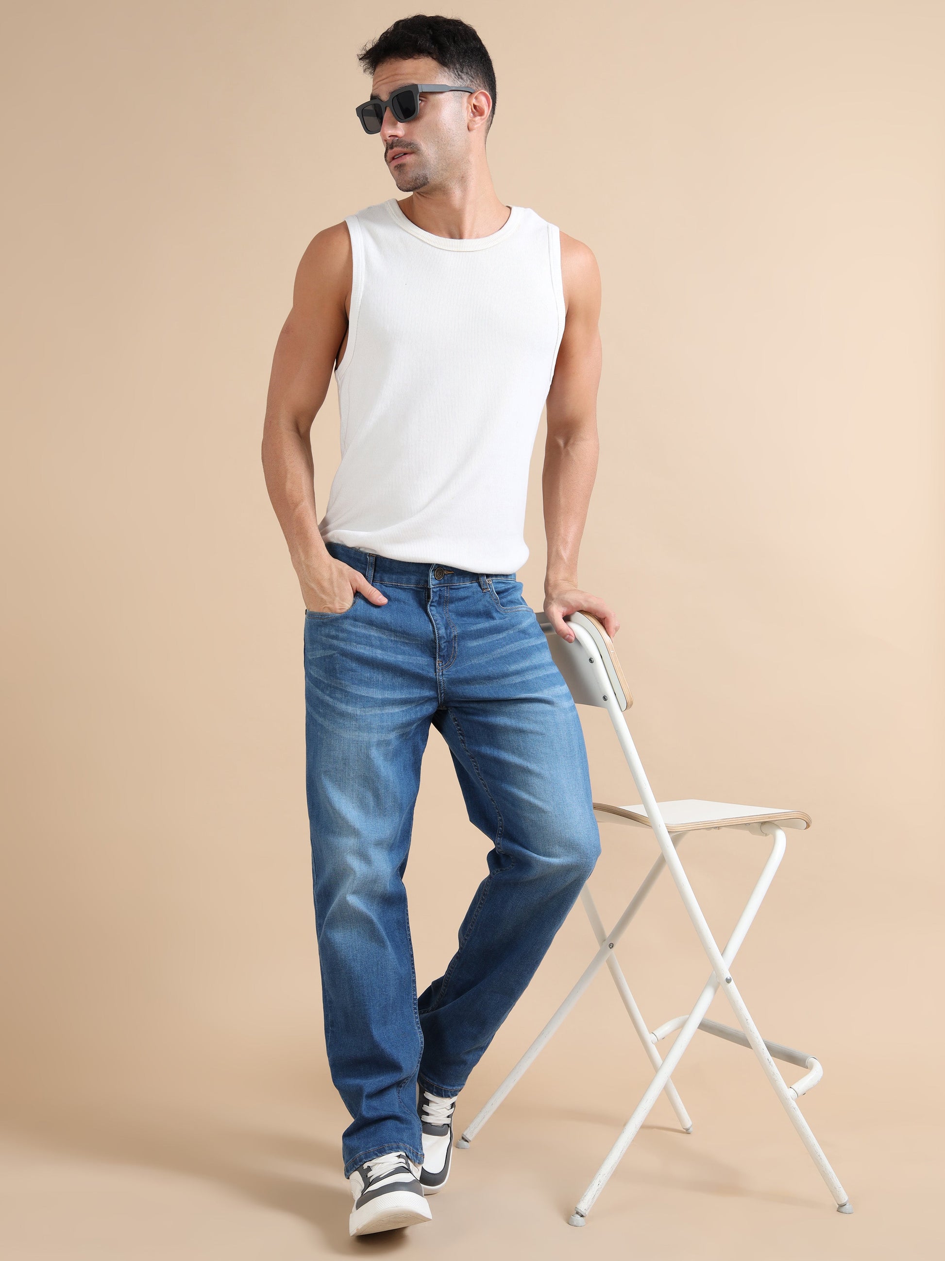 Straight Fit Mid-Blue Wash Plus Size Jeans for Men