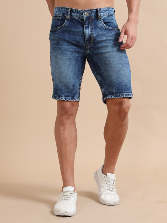 Plus Size Men's Washed Blue Denim Shorts – Knitted Dobby Lycra Comfort Fit