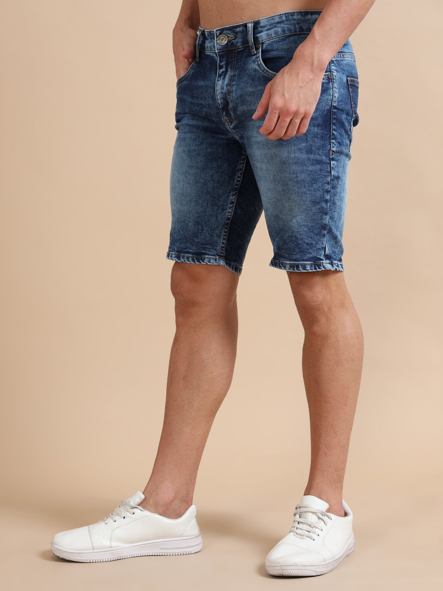 Men's Washed Blue Denim Shorts – Knitted Dobby Lycra Comfort Fit
