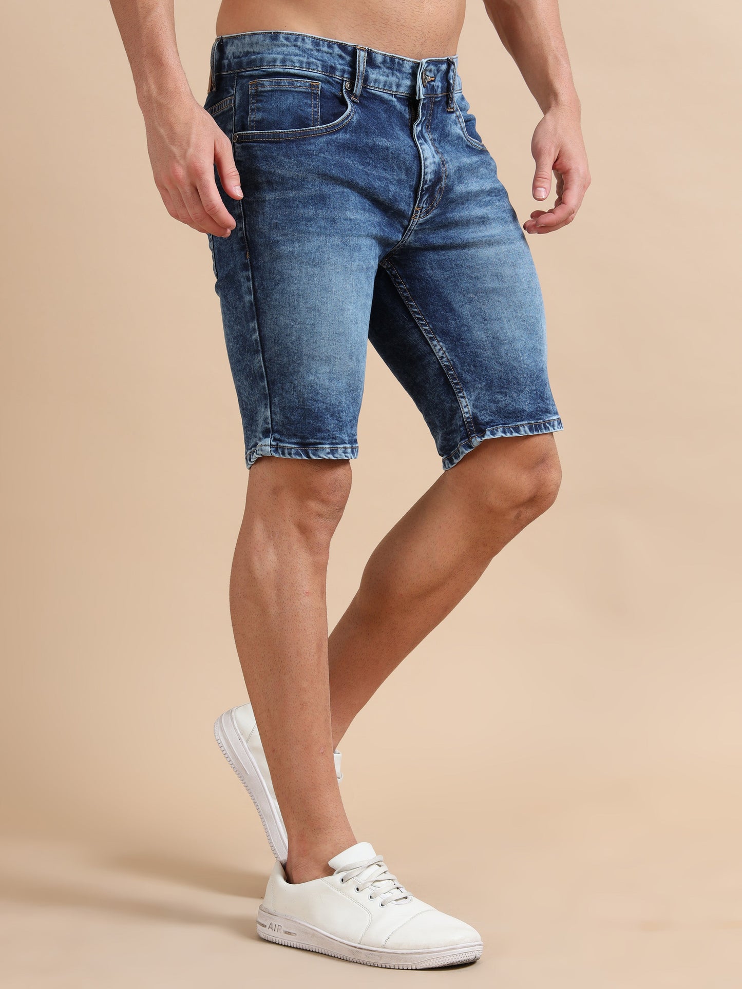 Men's Washed Blue Denim Shorts – Knitted Dobby Lycra Comfort Fit