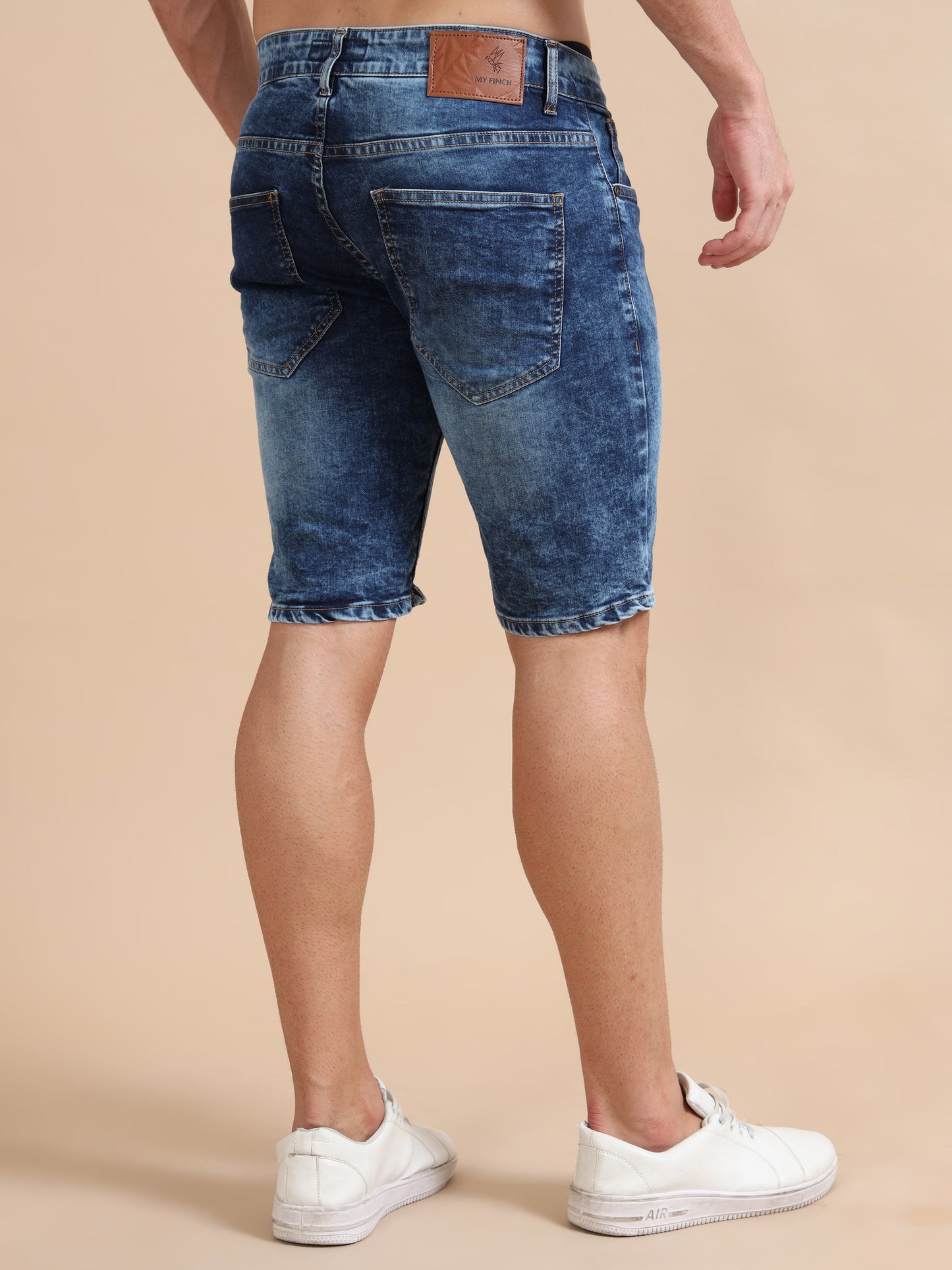 Plus Size Men's Washed Blue Denim Shorts – Knitted Dobby Lycra Comfort Fit
