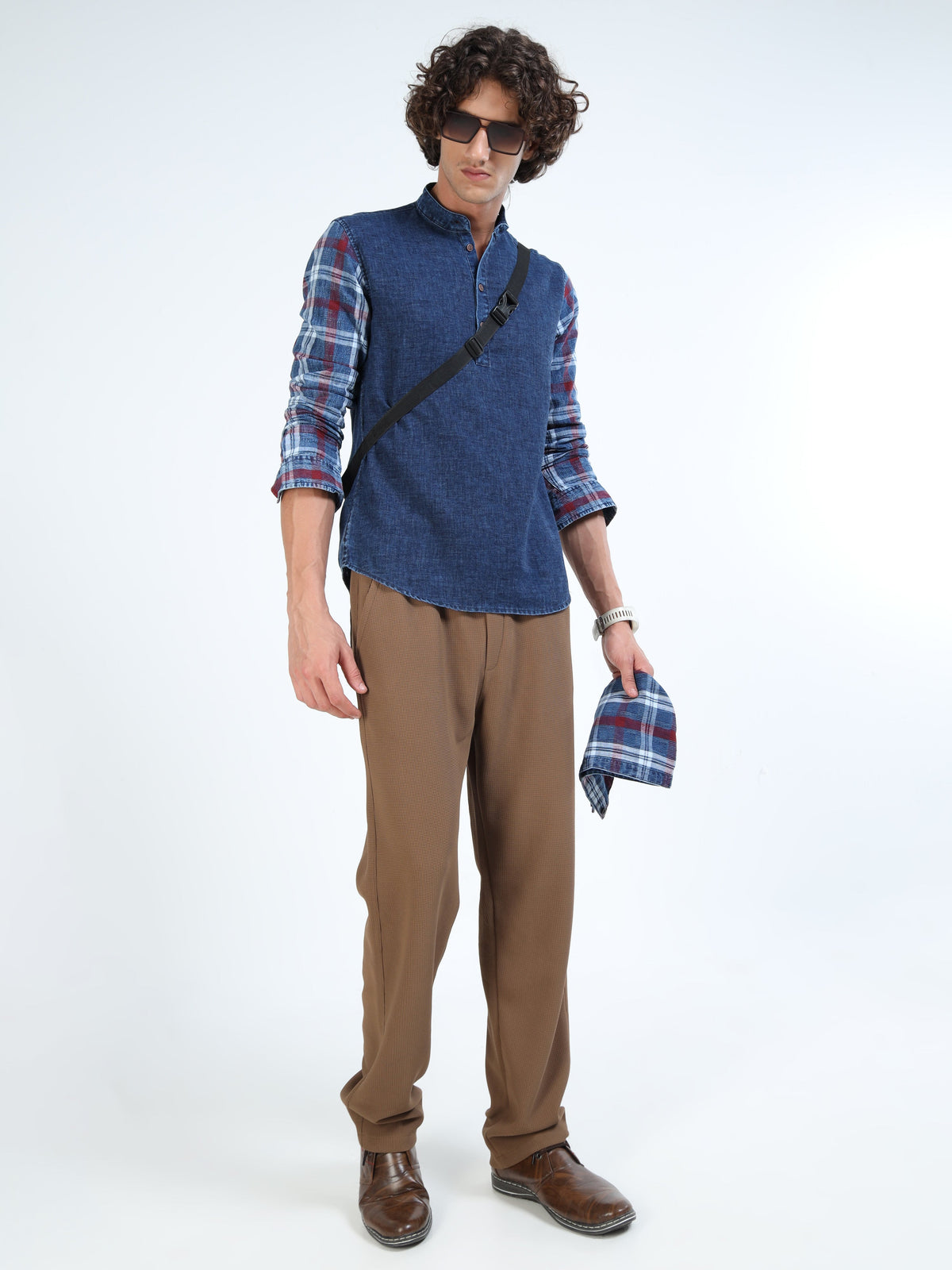 Men’s Indigo Denim Cotton Shirt with Plaid Contrast Sleeves and Half Placket
