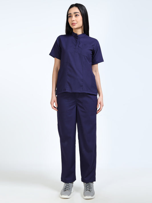 Women’s Navy Medical Scrub Set – Mandarin Collar (Chinese Collar) Top & Straight Pants | 2-Way Stretch, Antibacterial & Wrinkle-Resistant – Apollo