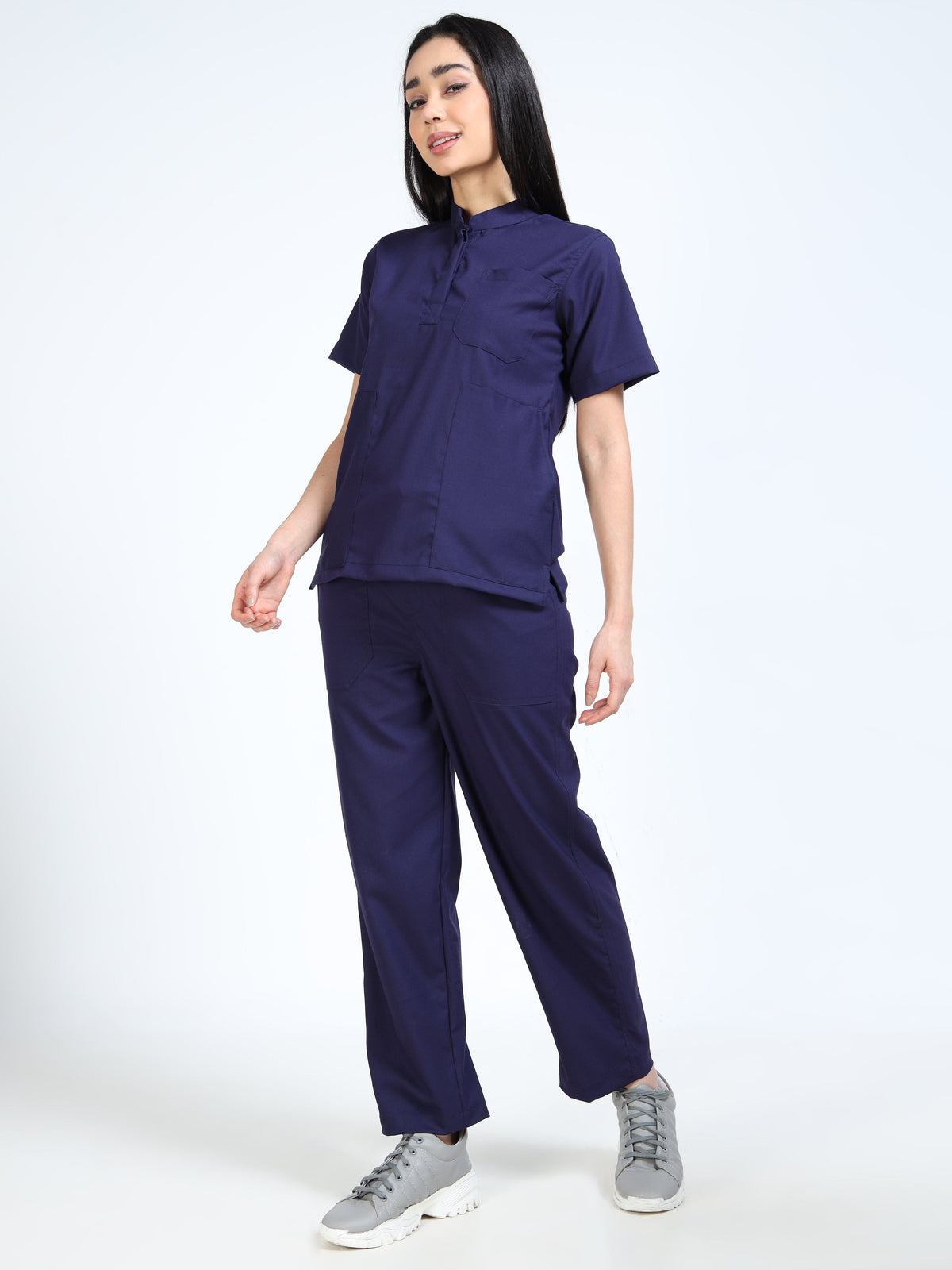 Women’s Navy Medical Scrub Set – Mandarin Collar (Chinese Collar) Top & Straight Pants | 2-Way Stretch, Antibacterial & Wrinkle-Resistant – Apollo