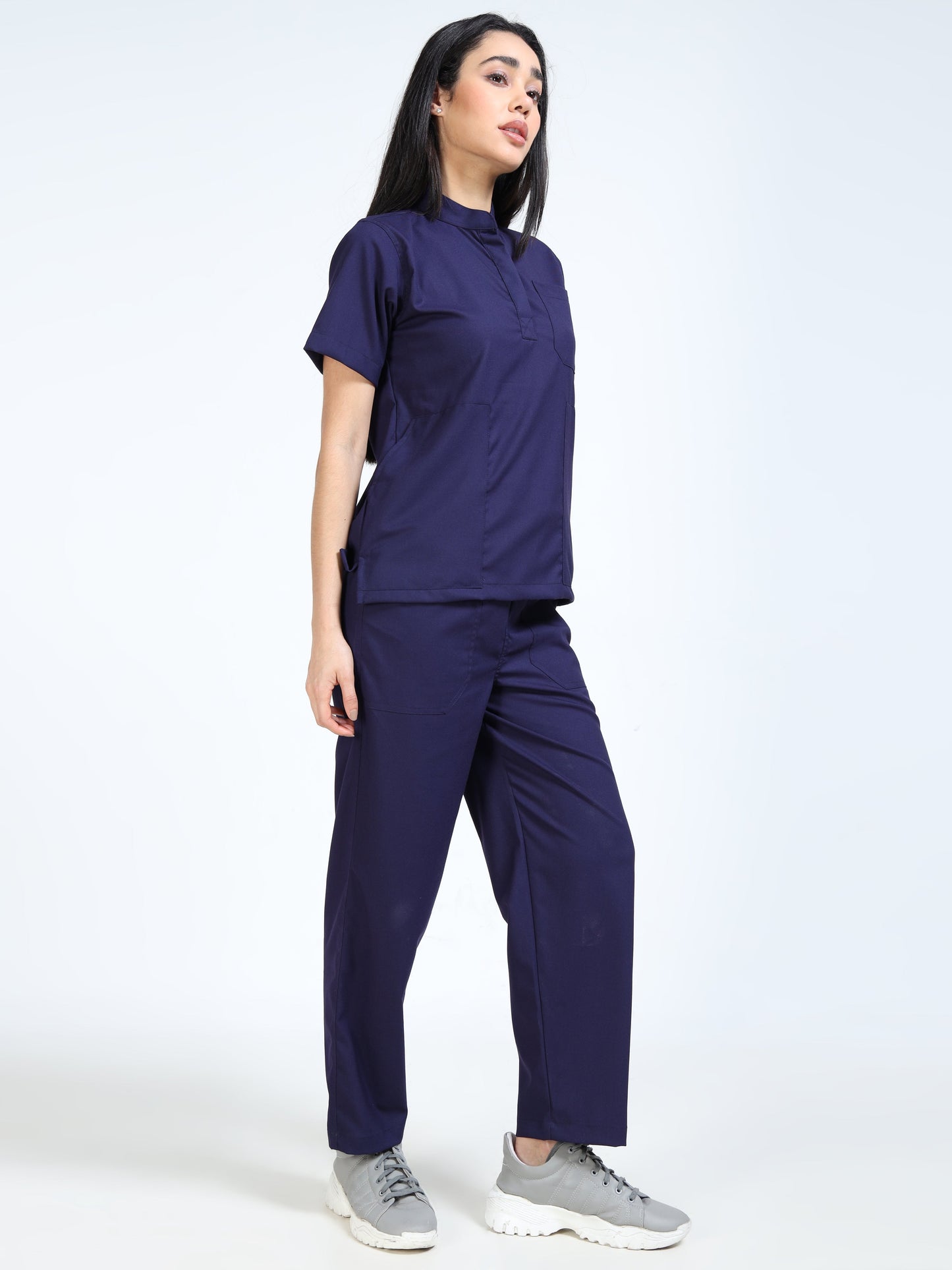 Women’s Navy Medical Scrub Set – Mandarin Collar (Chinese Collar) Top & Straight Pants | Twill Fabric, Antibacterial & Wrinkle-Resistant – Eco Flex