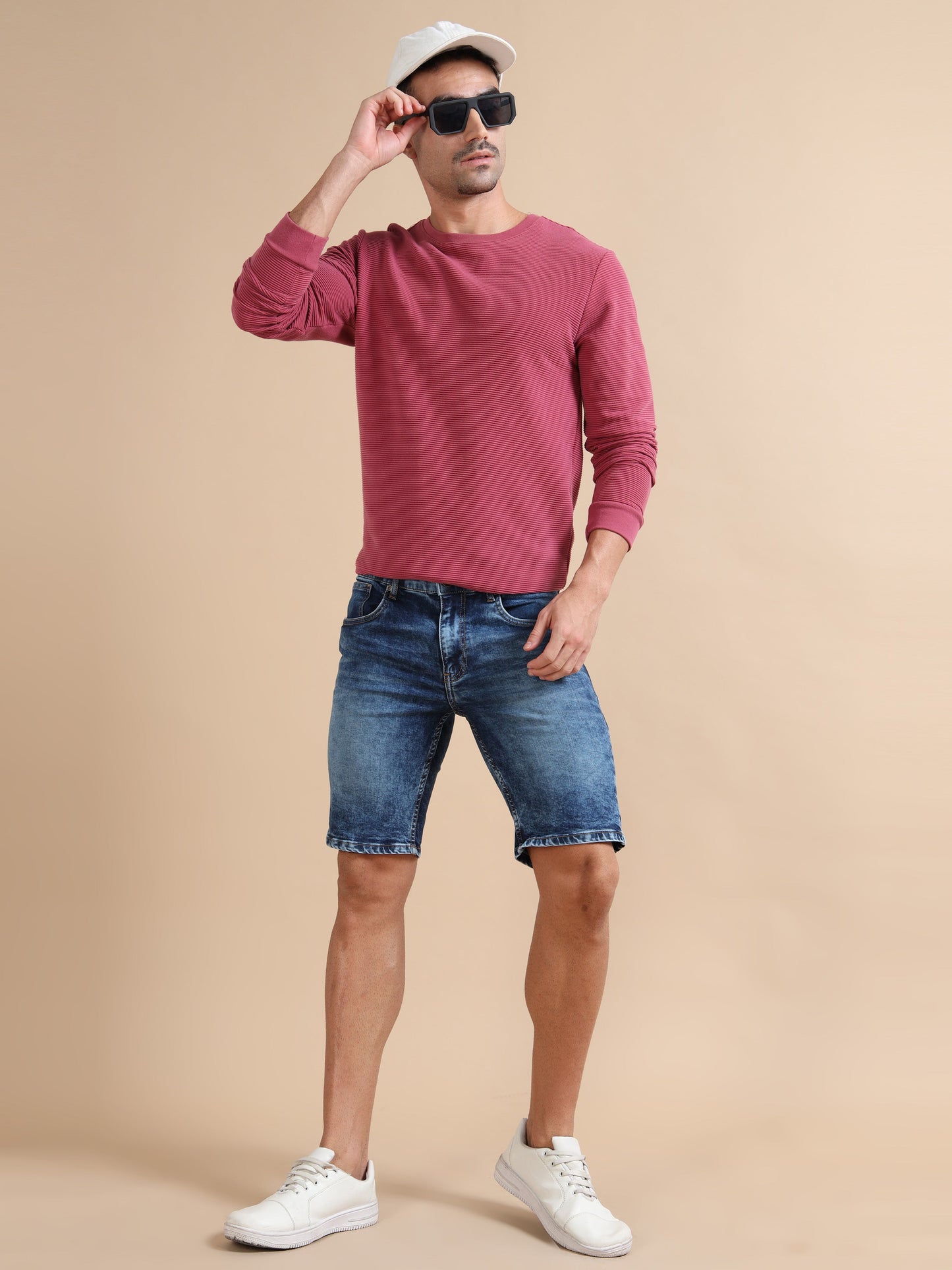 Men's Washed Blue Denim Shorts – Knitted Dobby Lycra Comfort Fit