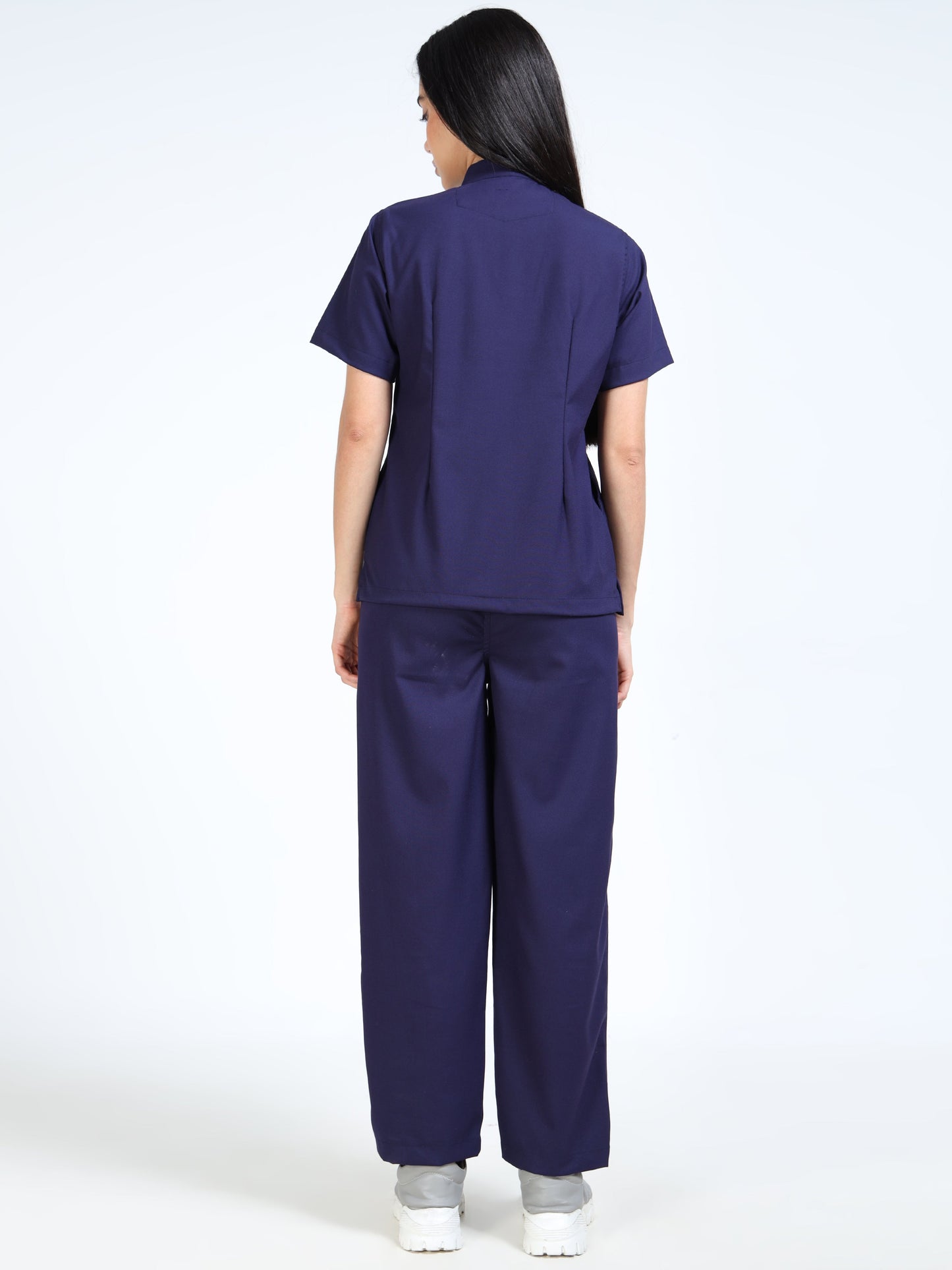 Women’s Navy Medical Scrub Set – Mandarin Collar (Chinese Collar) Top & Straight Pants | Twill Fabric, Antibacterial & Wrinkle-Resistant – Eco Flex