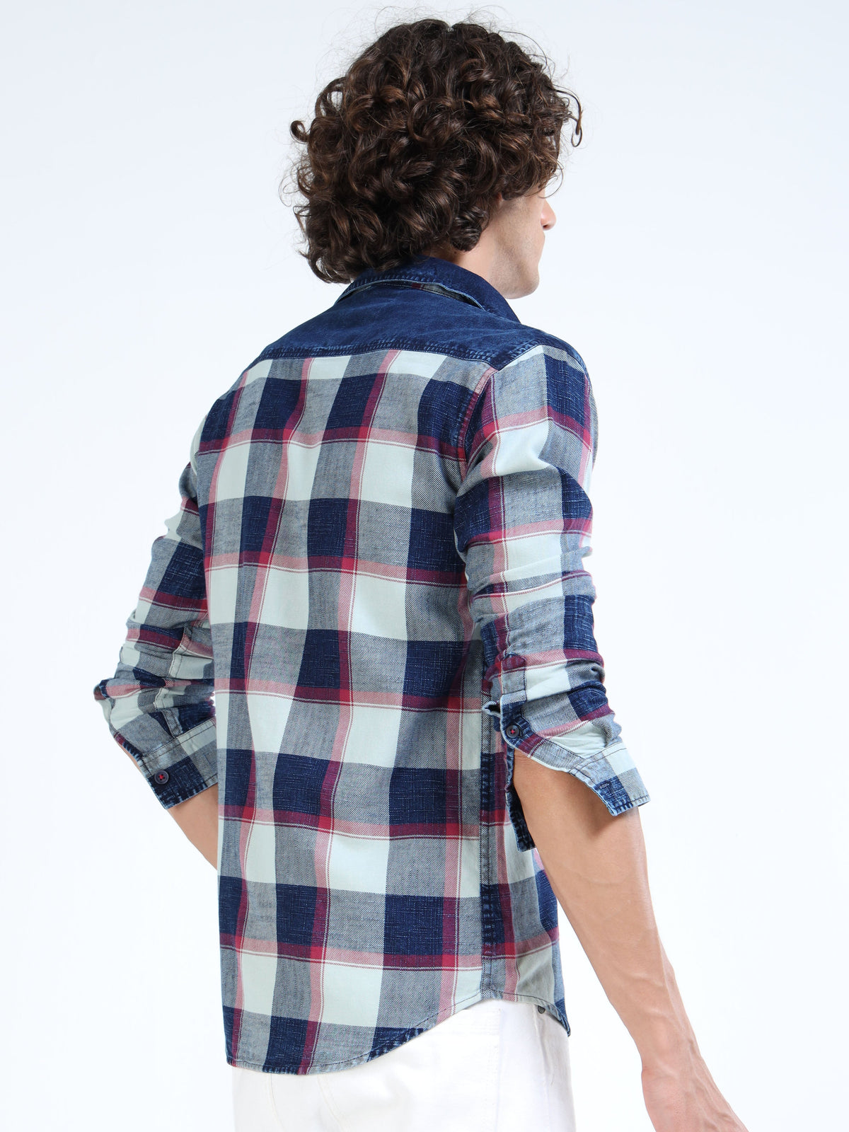 Men’s Indigo Blue Plaid Denim Cotton Utility Shirt with Dual Flap Pockets