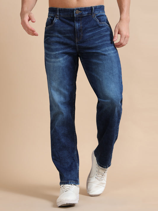 Plus Size Mid Blue Jeans Mens Straight Fit Pants