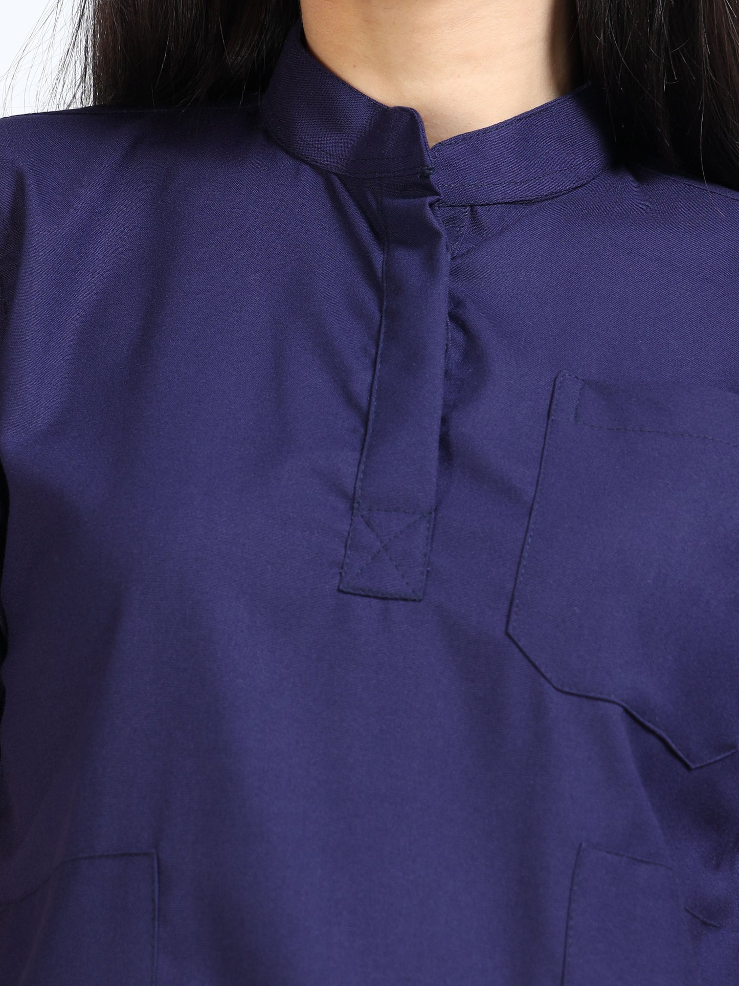 Women’s Navy Medical Scrub Set – Mandarin Collar (Chinese Collar) Top & Straight Pants | Twill Fabric, Antibacterial & Wrinkle-Resistant – Eco Flex