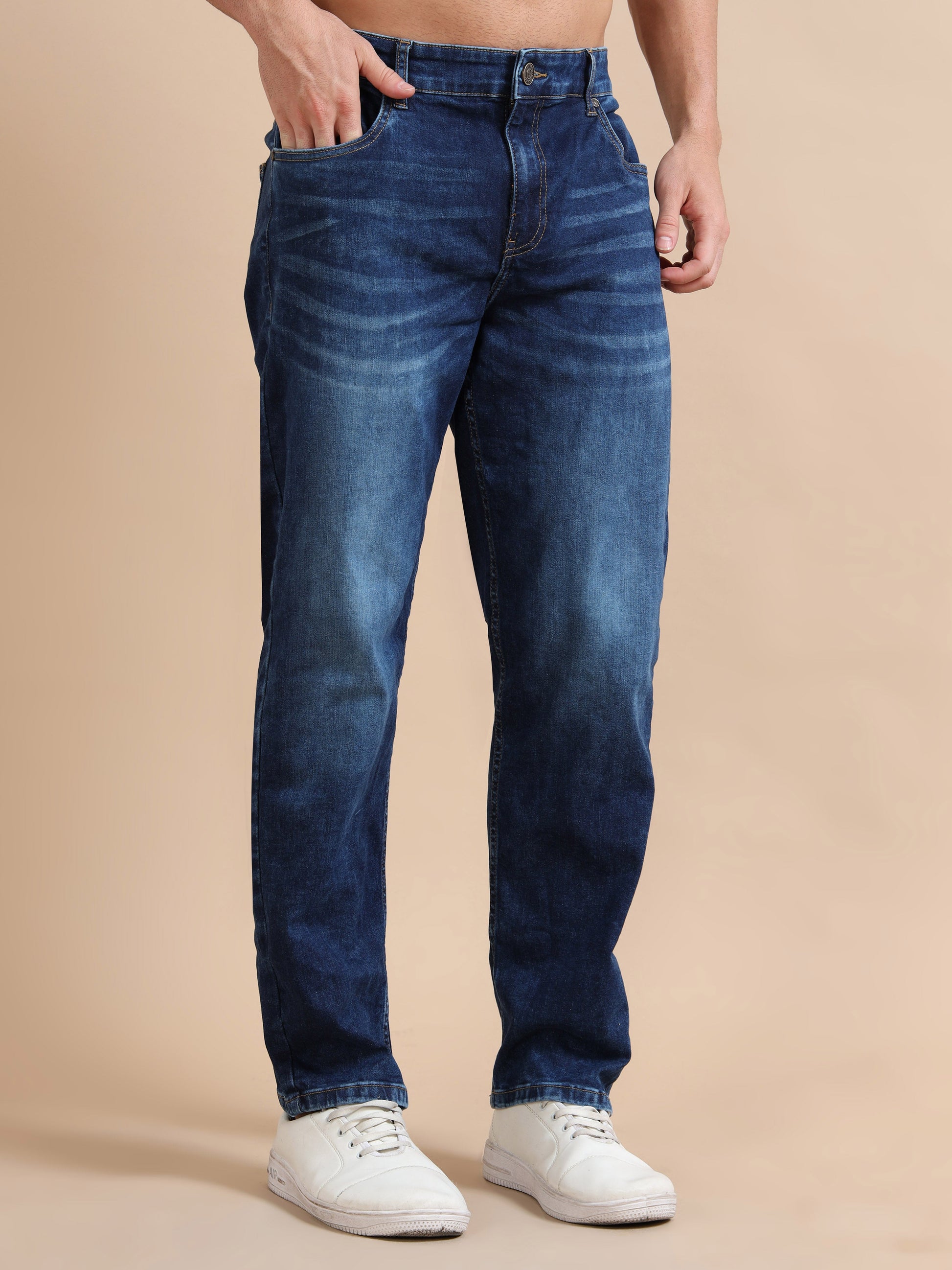 Plus Size Mid Blue Jeans Mens Straight Fit Pants