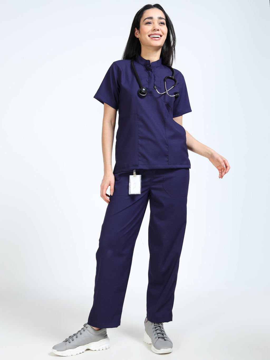 Women’s Navy Medical Scrub Set – Mandarin Collar (Chinese Collar) Top & Straight Pants | 2-Way Stretch, Antibacterial & Wrinkle-Resistant – Apollo