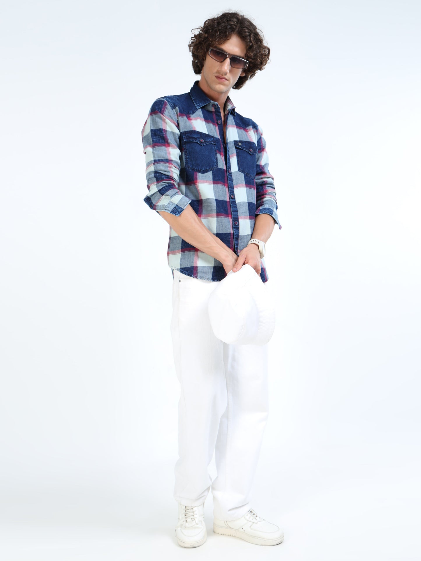 Men’s Indigo Blue Plaid Denim Cotton Utility Shirt with Dual Flap Pockets