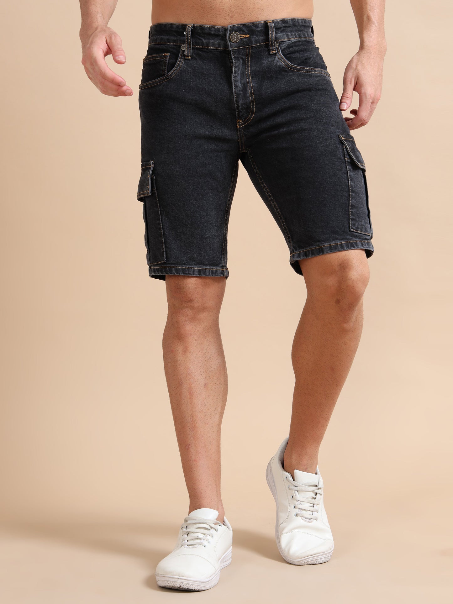 Men's Black Cargo Denim Shorts – Knitted Dobby Lycra | Utility Edition