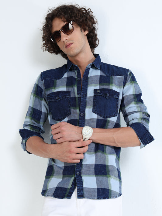 Men’s Indigo Green Plaid Denim Cotton Utility Shirt with Dual Flap Pockets