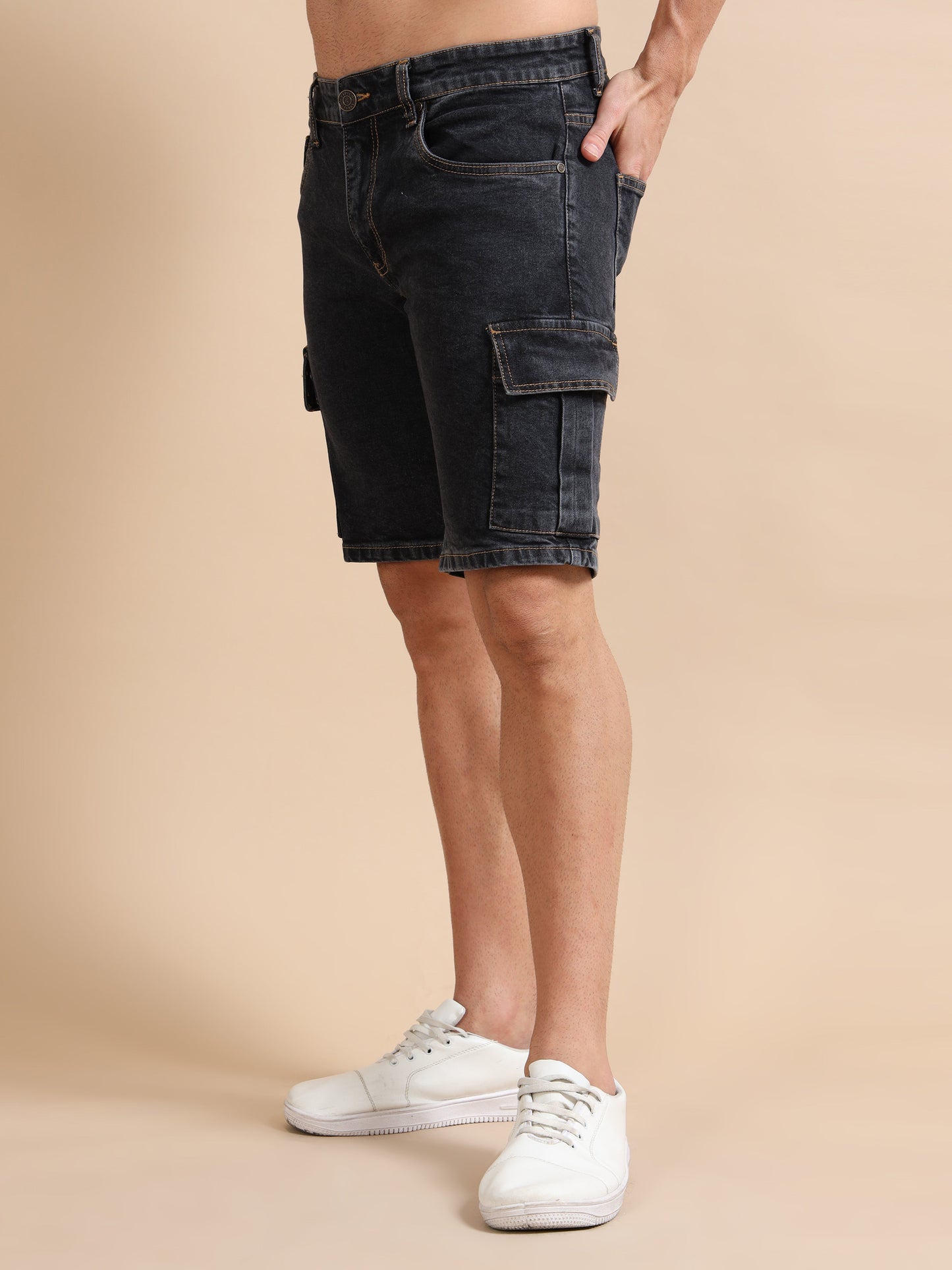 Men's Black Cargo Denim Shorts – Knitted Dobby Lycra | Utility Edition