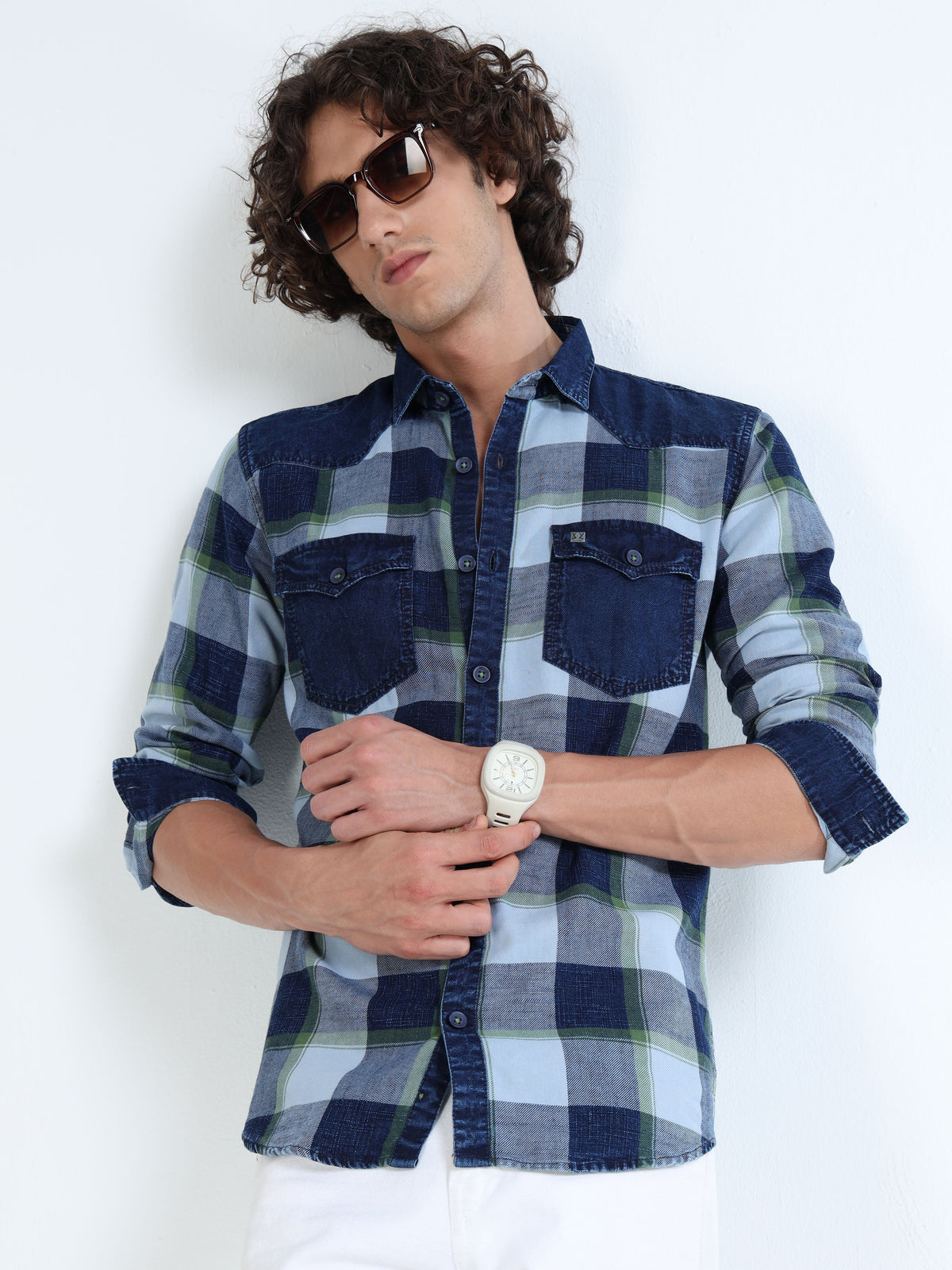 Men’s Indigo Green Plaid Denim Cotton Utility Shirt with Dual Flap Pockets