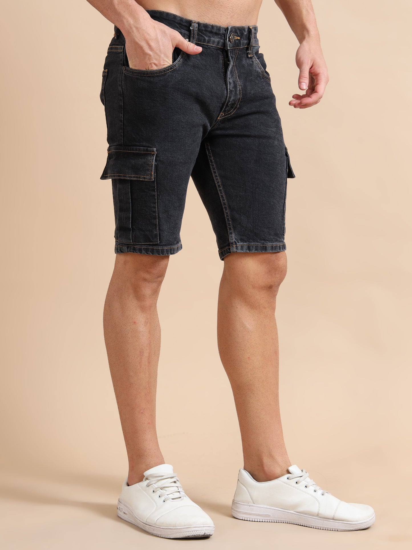 Men's Black Cargo Denim Shorts – Knitted Dobby Lycra | Utility Edition