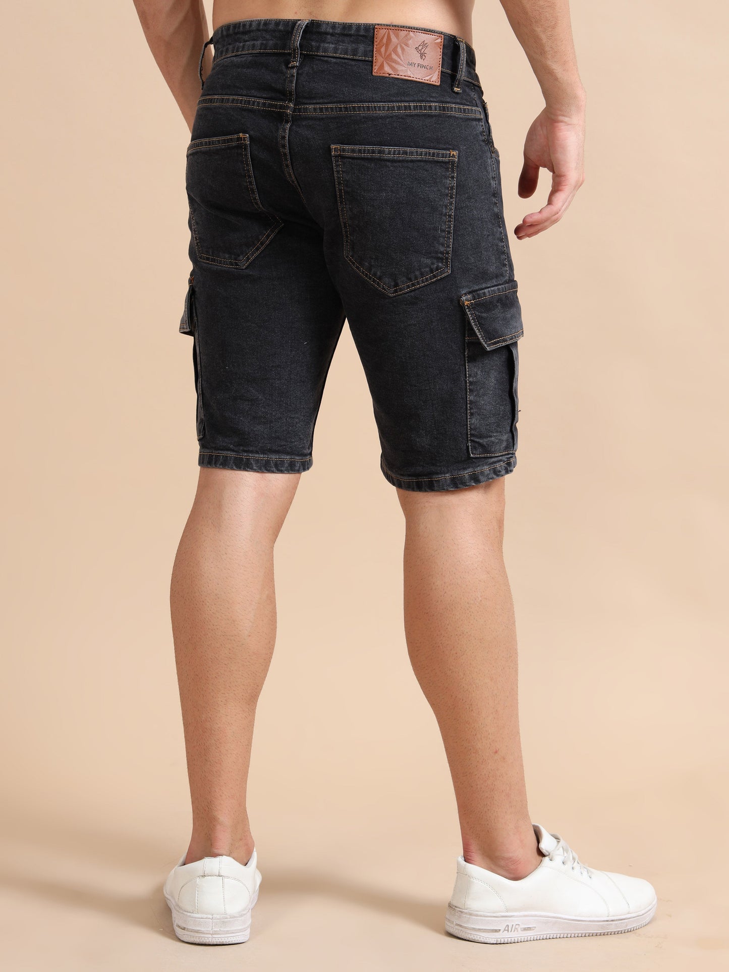 Men's Black Cargo Denim Shorts – Knitted Dobby Lycra | Utility Edition