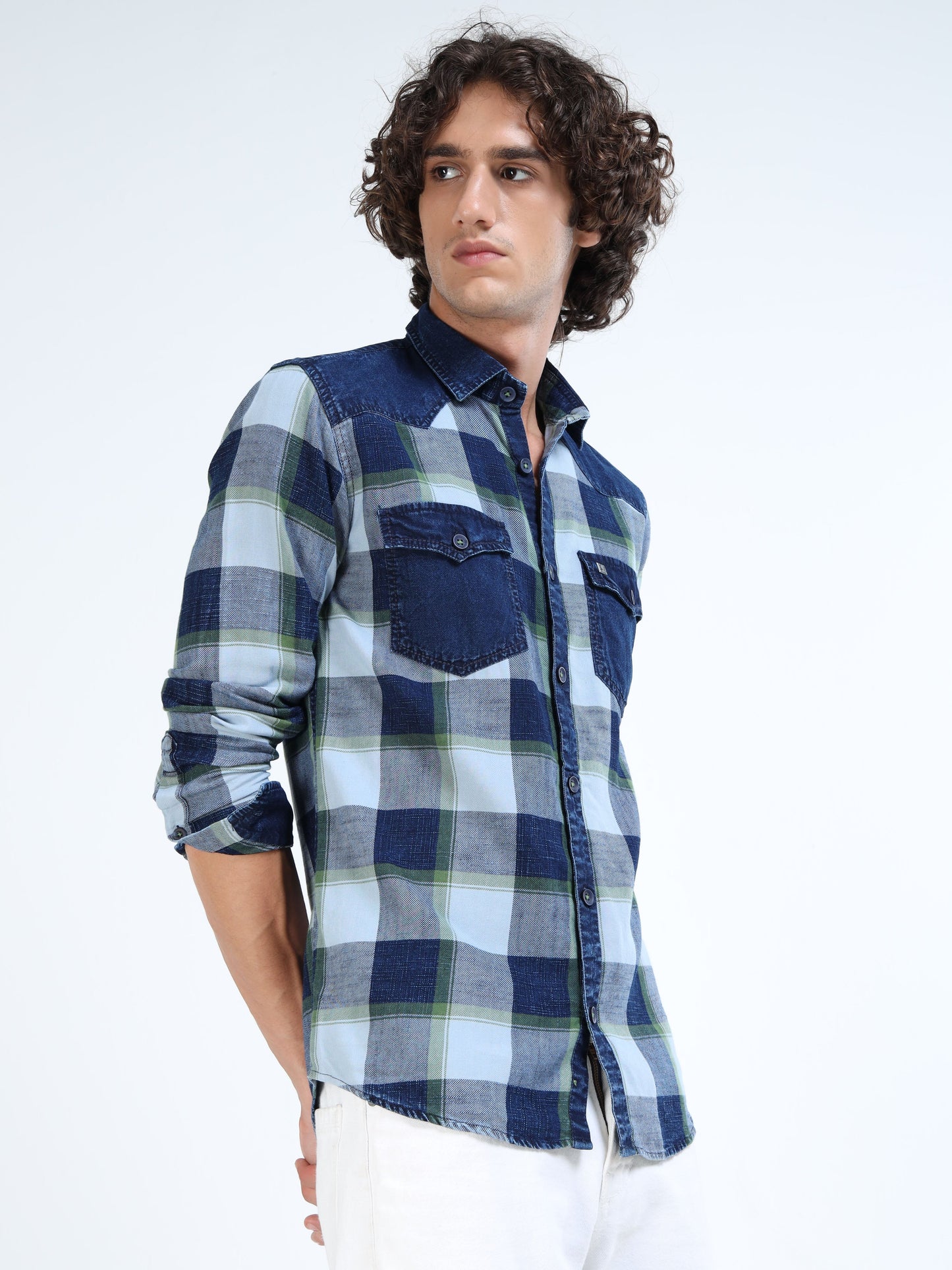 Men’s Indigo Green Plaid Denim Cotton Utility Shirt with Dual Flap Pockets