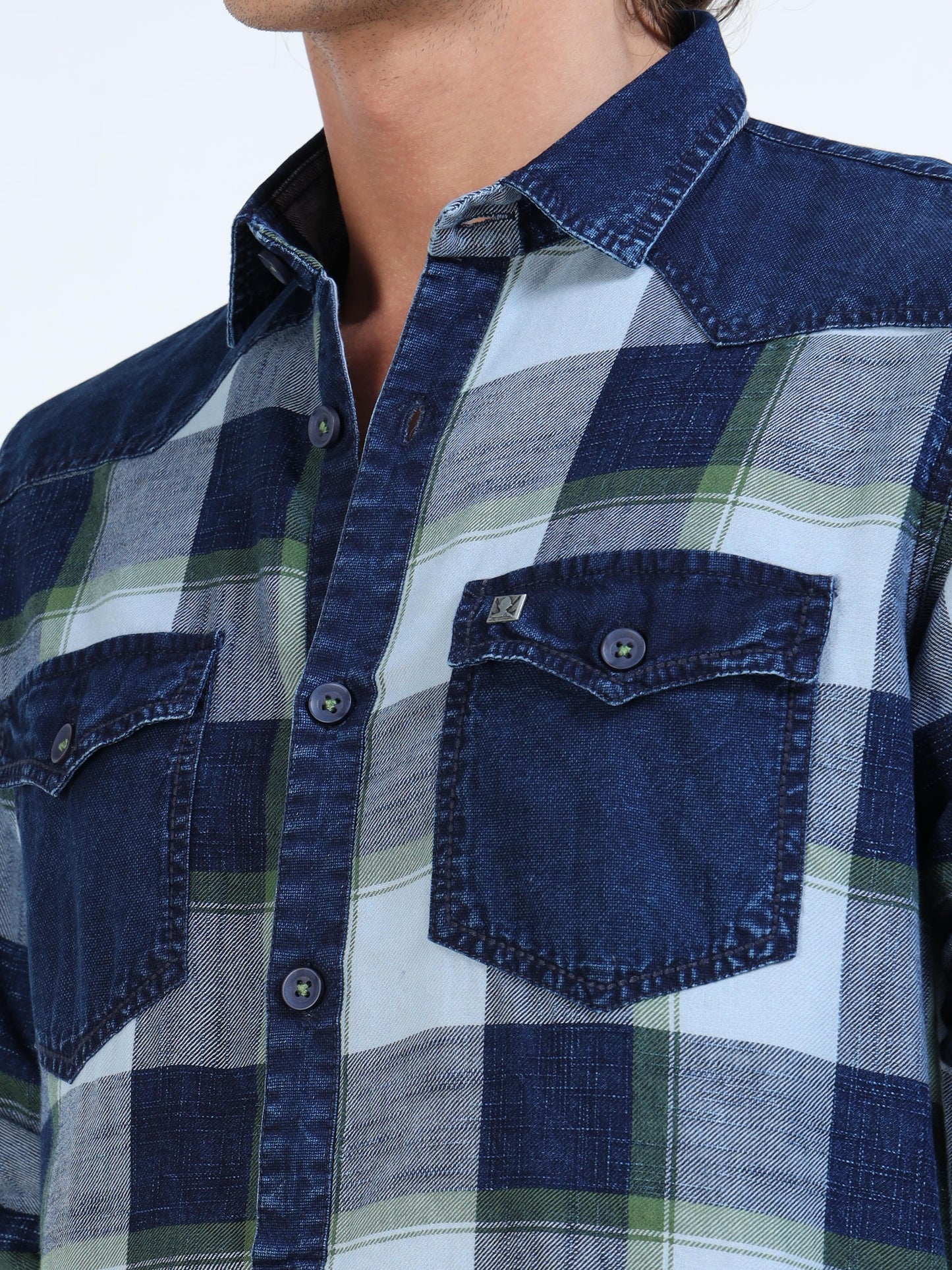 Men’s Indigo Green Plaid Denim Cotton Utility Shirt with Dual Flap Pockets
