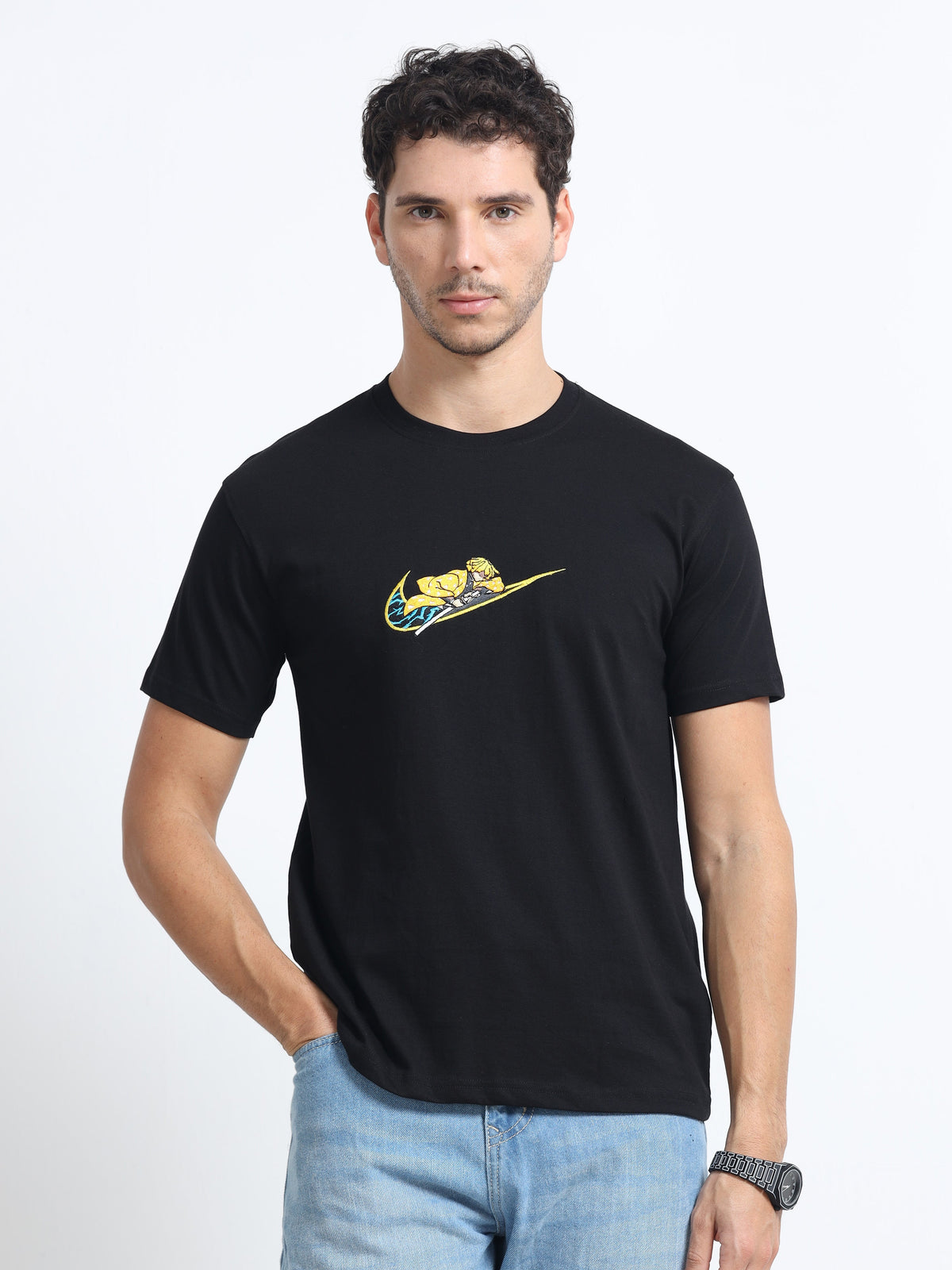 Black Round Neck Bio Wash Single Jersey