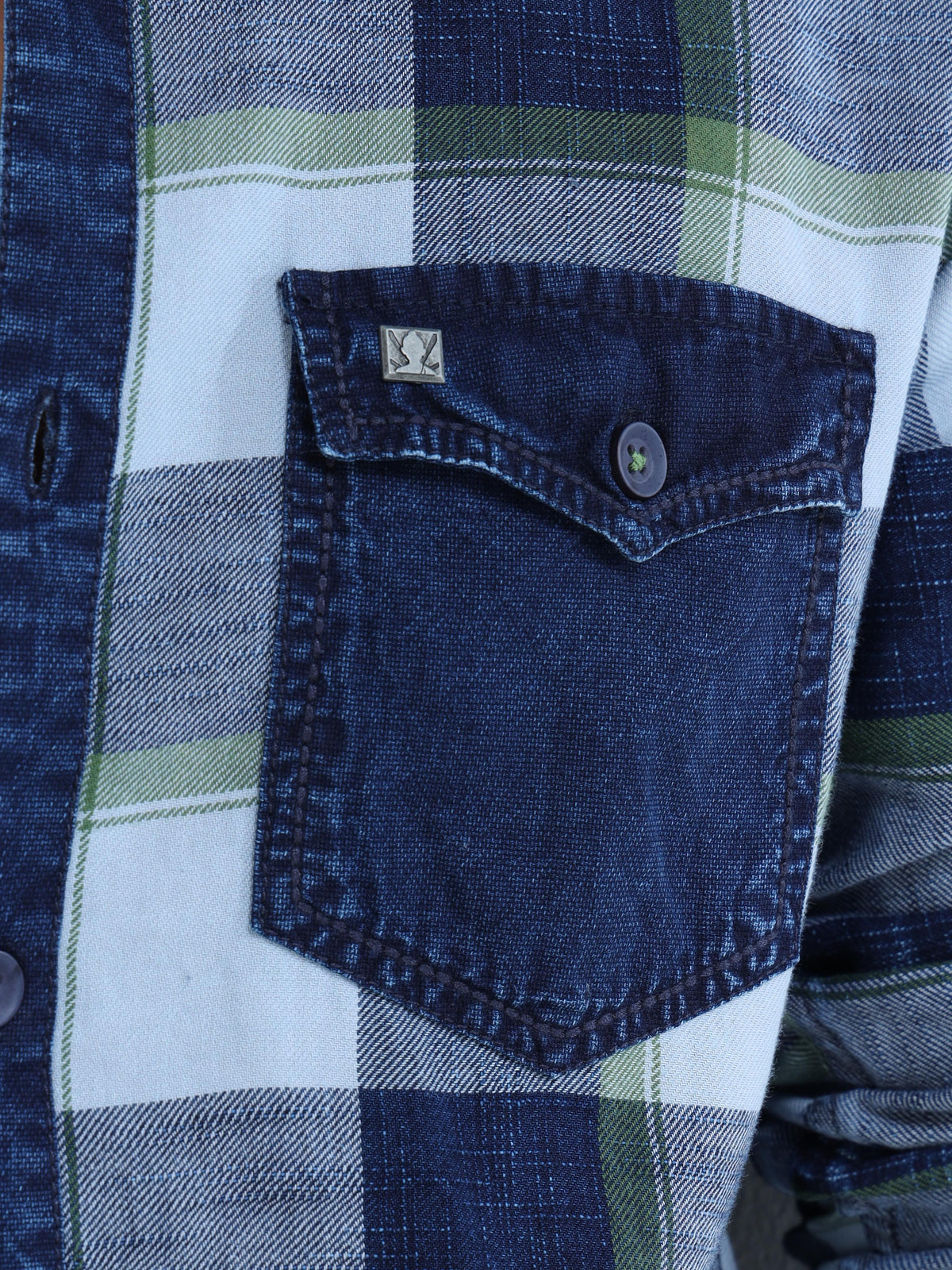 Men’s Indigo Green Plaid Denim Cotton Utility Shirt with Dual Flap Pockets