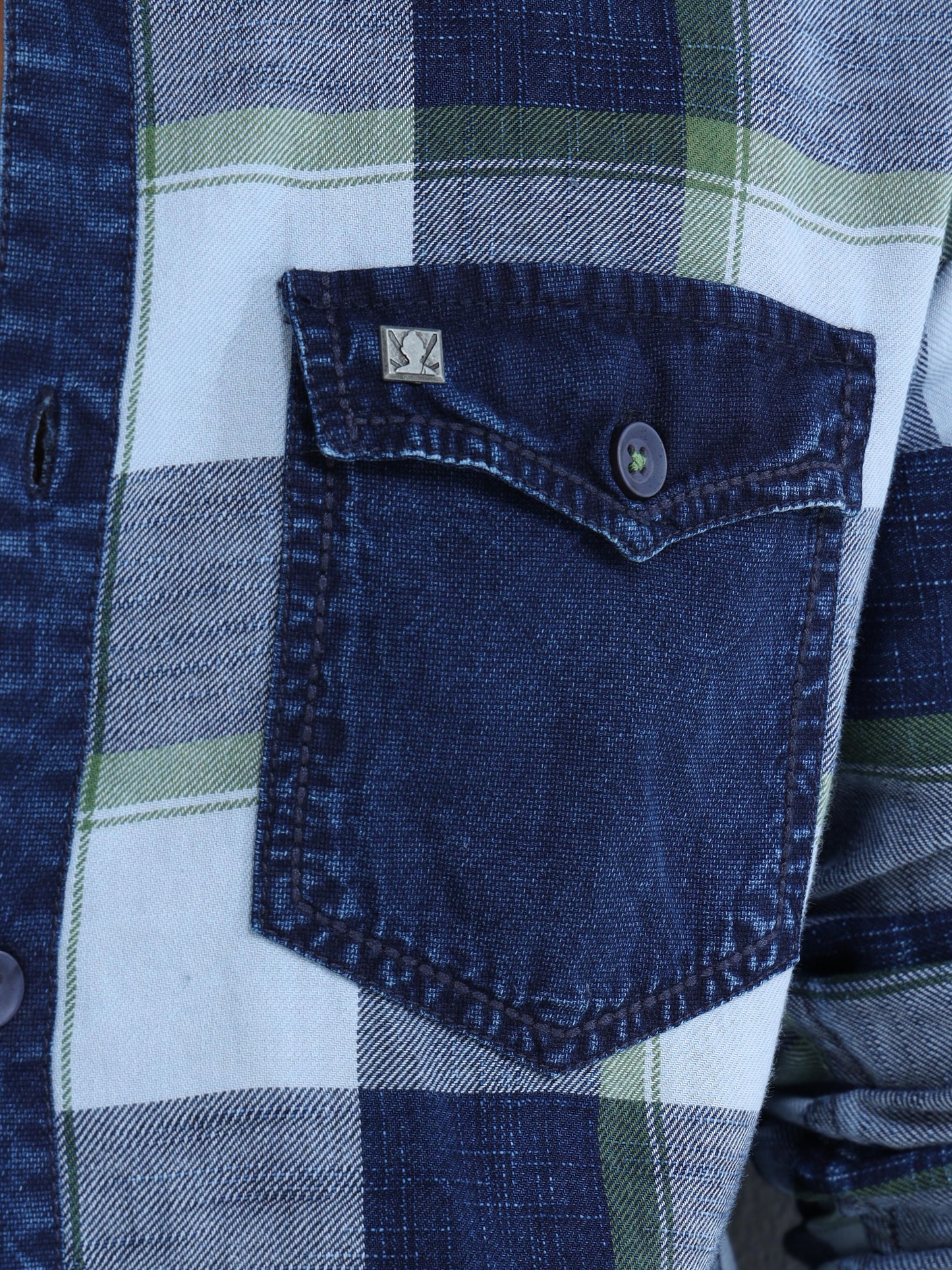 Men’s Indigo Green Plaid Denim Cotton Utility Shirt with Dual Flap Pockets