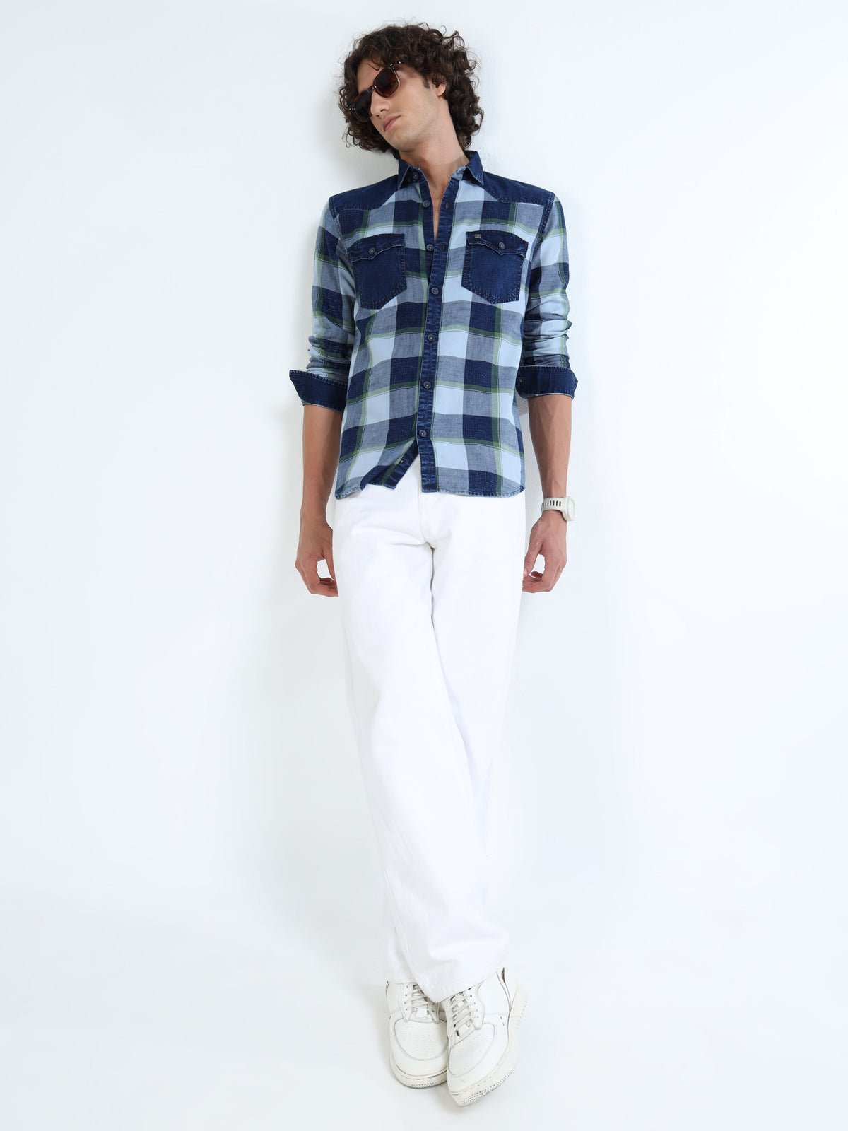 Men’s Indigo Green Plaid Denim Cotton Utility Shirt with Dual Flap Pockets