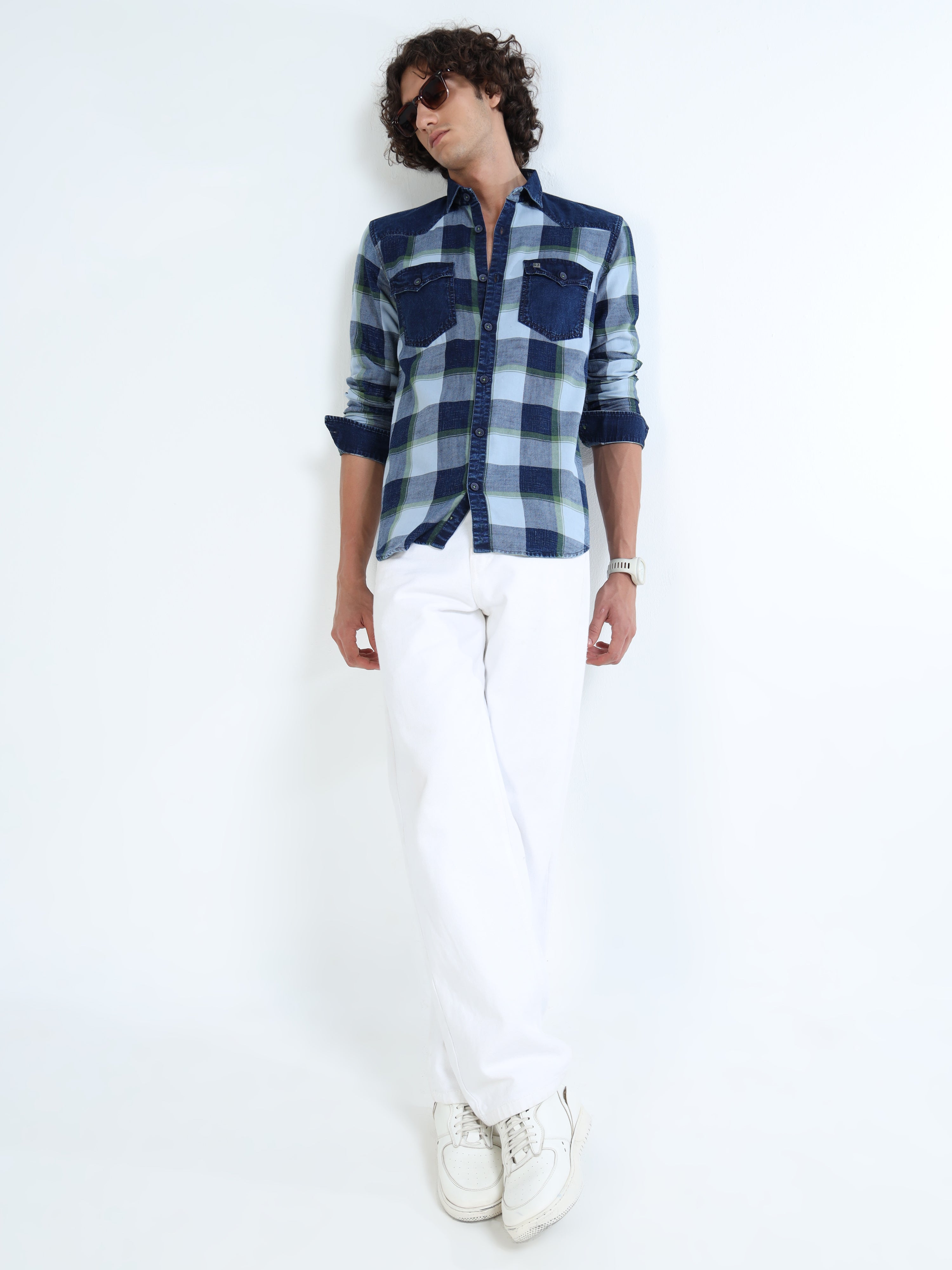 Men’s Indigo Green Plaid Denim Cotton Utility Shirt with Dual Flap Pockets