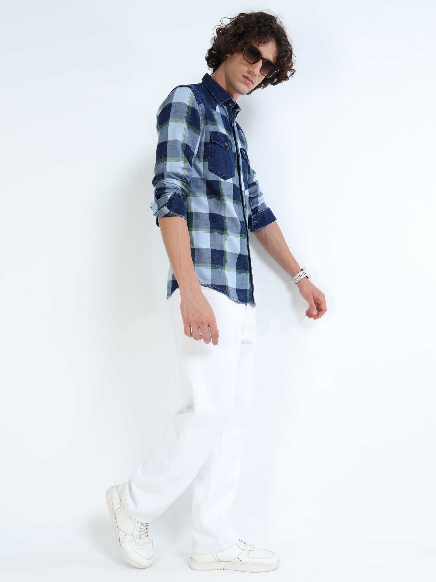 Men’s Indigo Green Plaid Denim Cotton Utility Shirt with Dual Flap Pockets