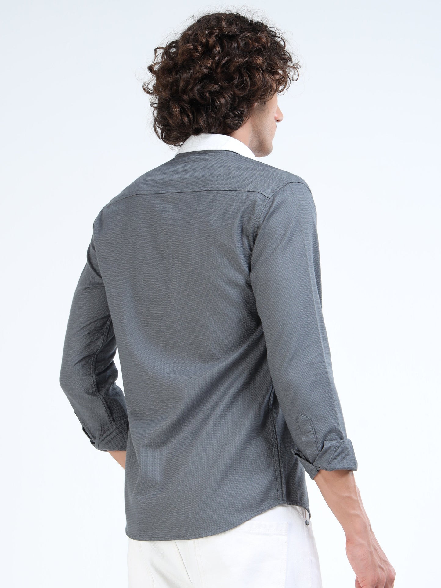 Men’s Charcoal Grey Cotton Shirt with Detachable Pocket and Convertible Collar