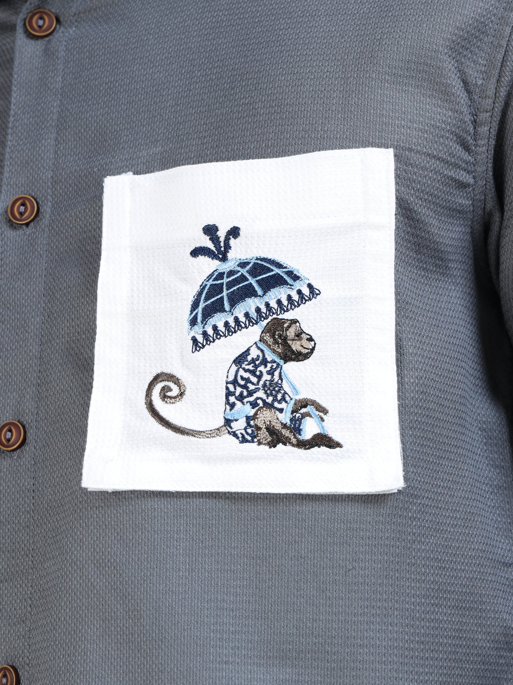 Men’s Charcoal Grey Cotton Shirt with Detachable Pocket and Convertible Collar