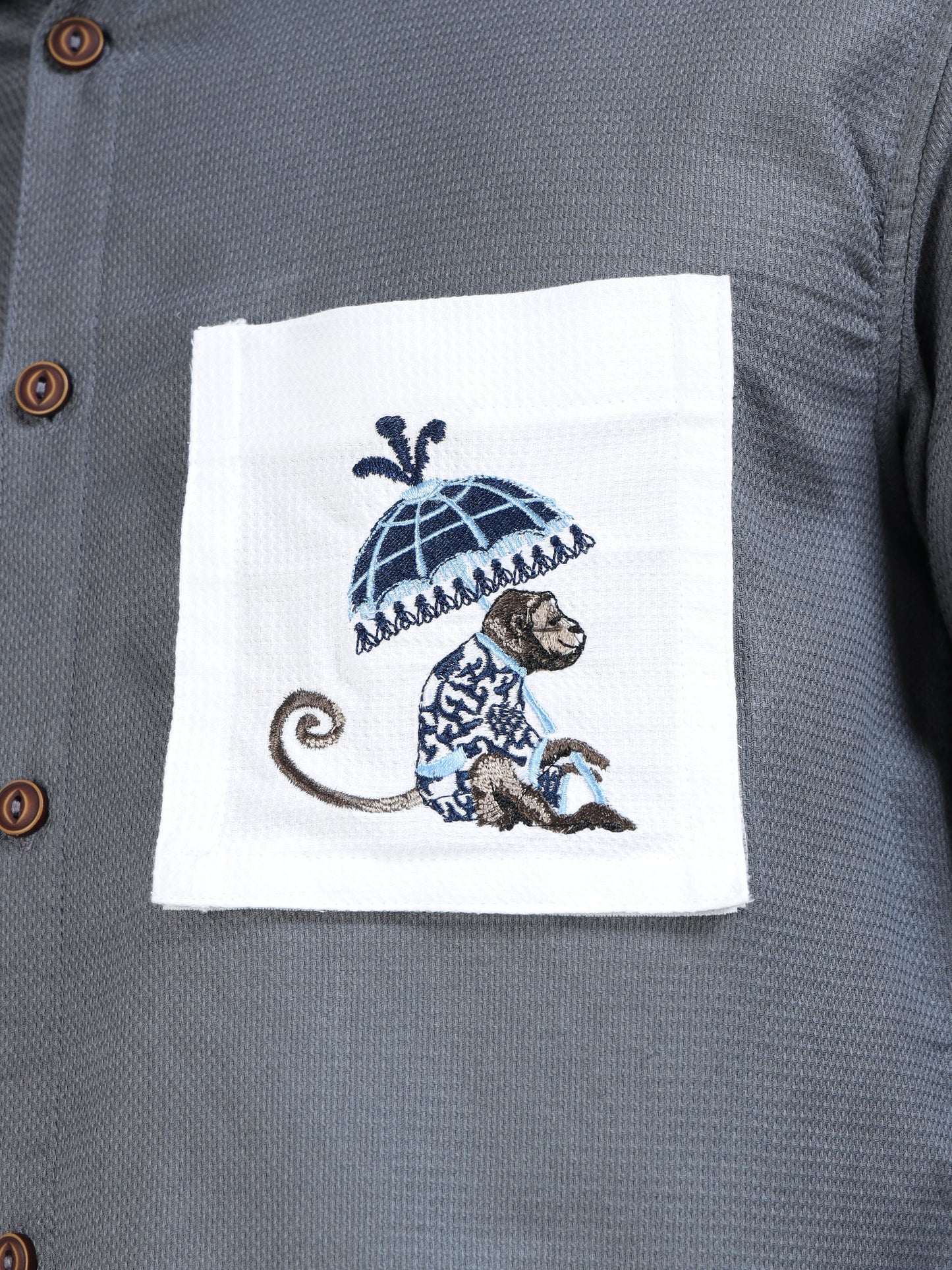 Men’s Charcoal Grey Cotton Shirt with Detachable Pocket and Convertible Collar