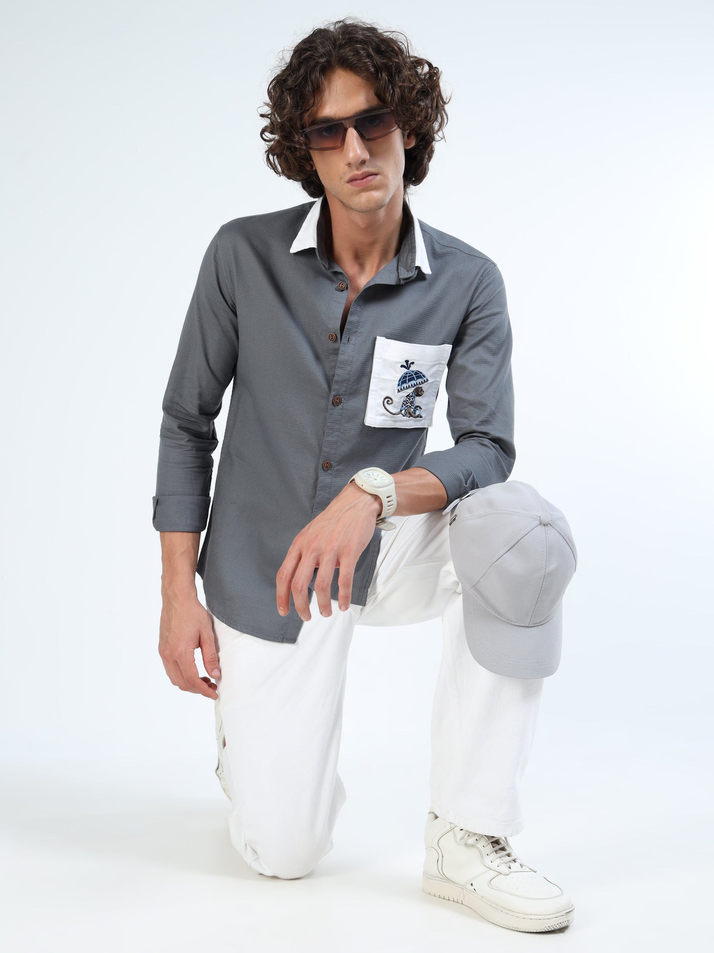 Men’s Charcoal Grey Cotton Shirt with Detachable Pocket and Convertible Collar
