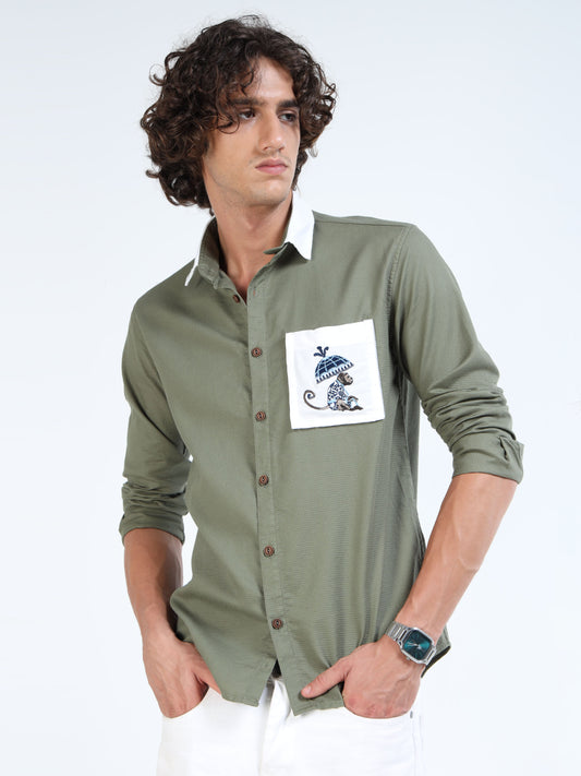 Men’s Olive Green Cotton Shirt with Removable Pocket & Dual-Style Collar