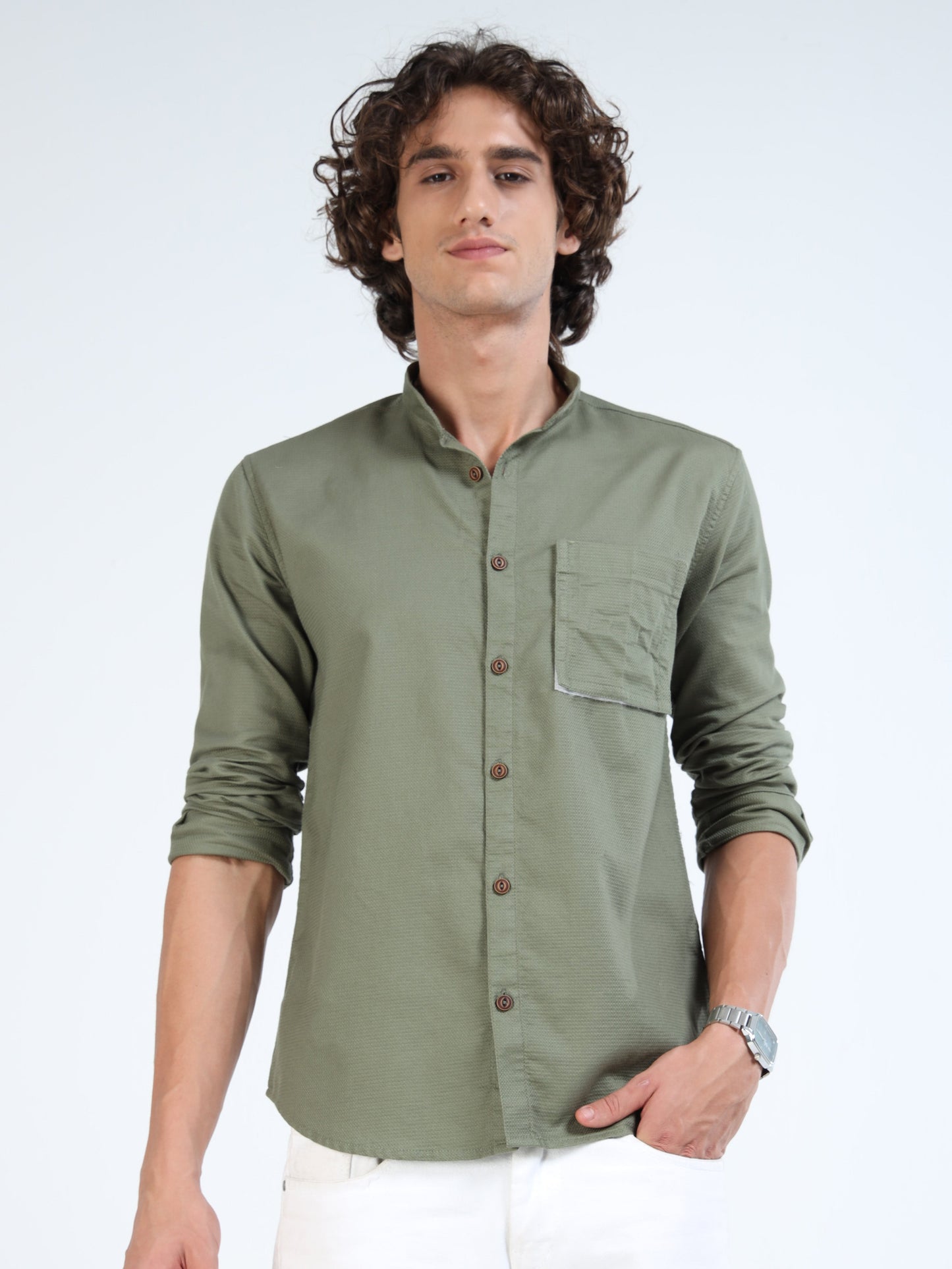 Men’s Olive Green Cotton Shirt with Removable Pocket & Dual-Style Collar