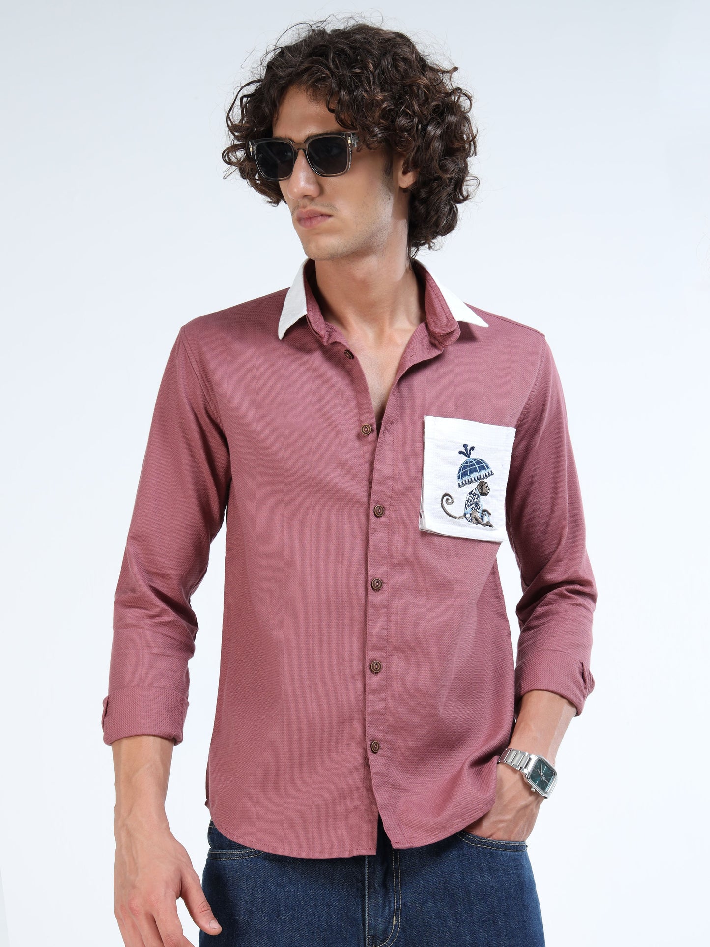 Men’s Dusty Rose Cotton Shirt with Modular Collar and Contrast Pocket