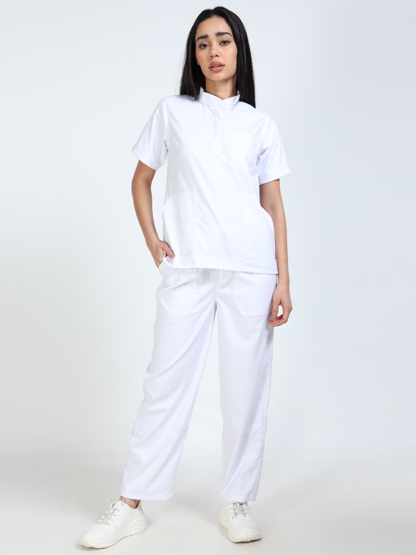 Women’s Snow White Medical Scrub Set – Mandarin Collar (Chinese Collar) Top & Straight Pants | 2-Way Stretch, Breathable & Easy-Care Fabric – Apollo