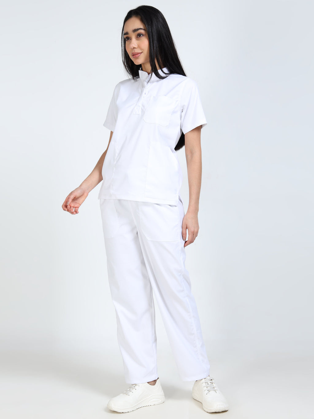 Women’s Snow White Medical Scrub Set – Mandarin Collar (Chinese Collar) Top & Straight Pants | 2-Way Stretch, Breathable & Easy-Care Fabric – Apollo