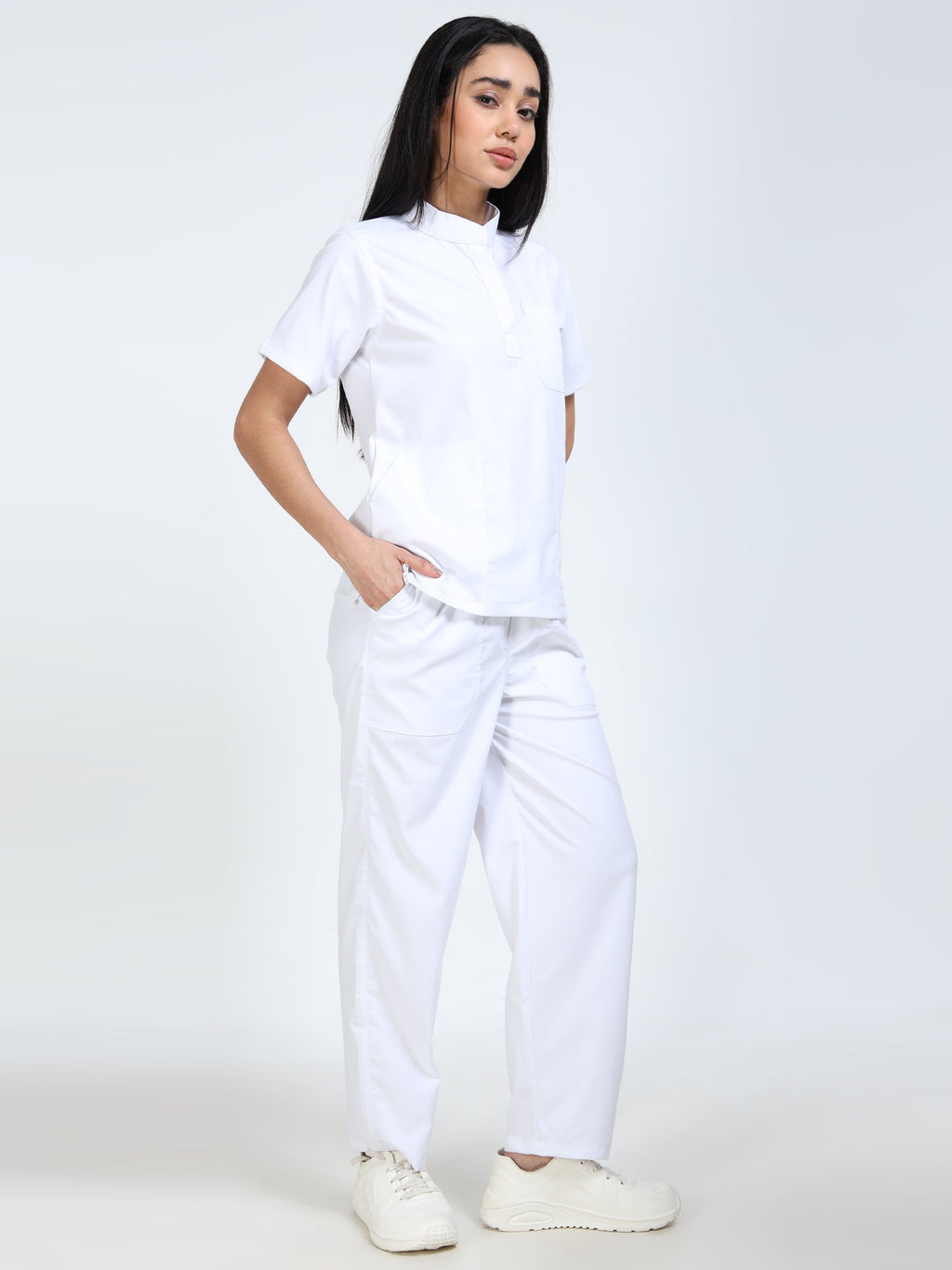 Women’s Snow White Medical Scrub Set – Mandarin Collar (Chinese Collar) Top & Straight Pants | 2-Way Stretch, Breathable & Easy-Care Fabric – Apollo