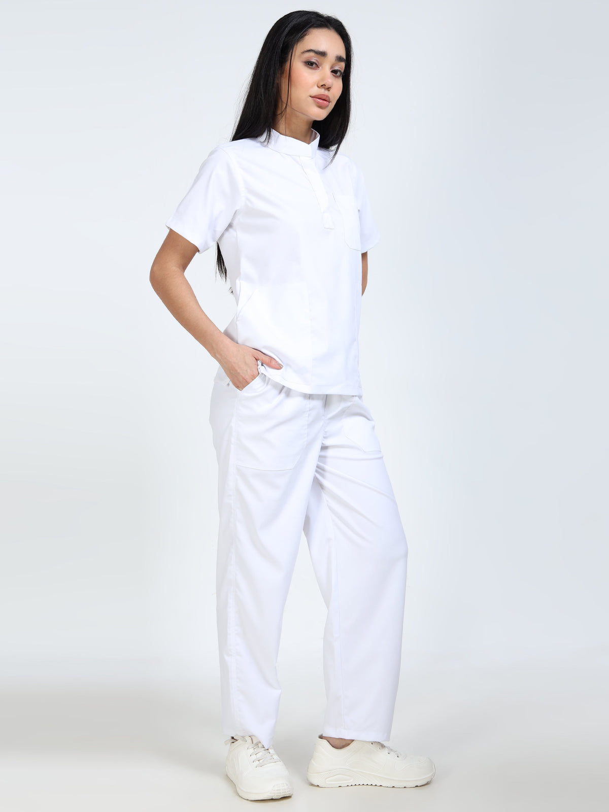 Women’s Snow White Medical Scrub Set – Mandarin Collar (Chinese Collar) Top & Straight Pants | Twill Fabric, Breathable & Easy-Care – Eco Flex